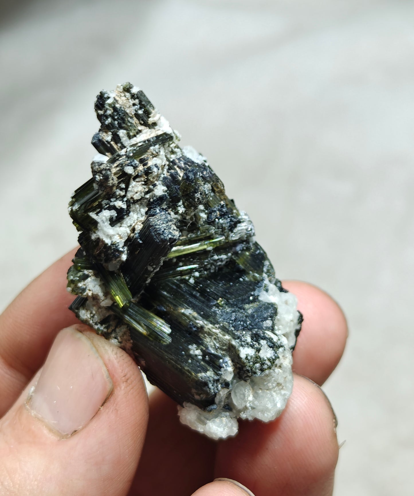 Dark green color Tourmaline crystals cluster with chatoyance effect 34 grams