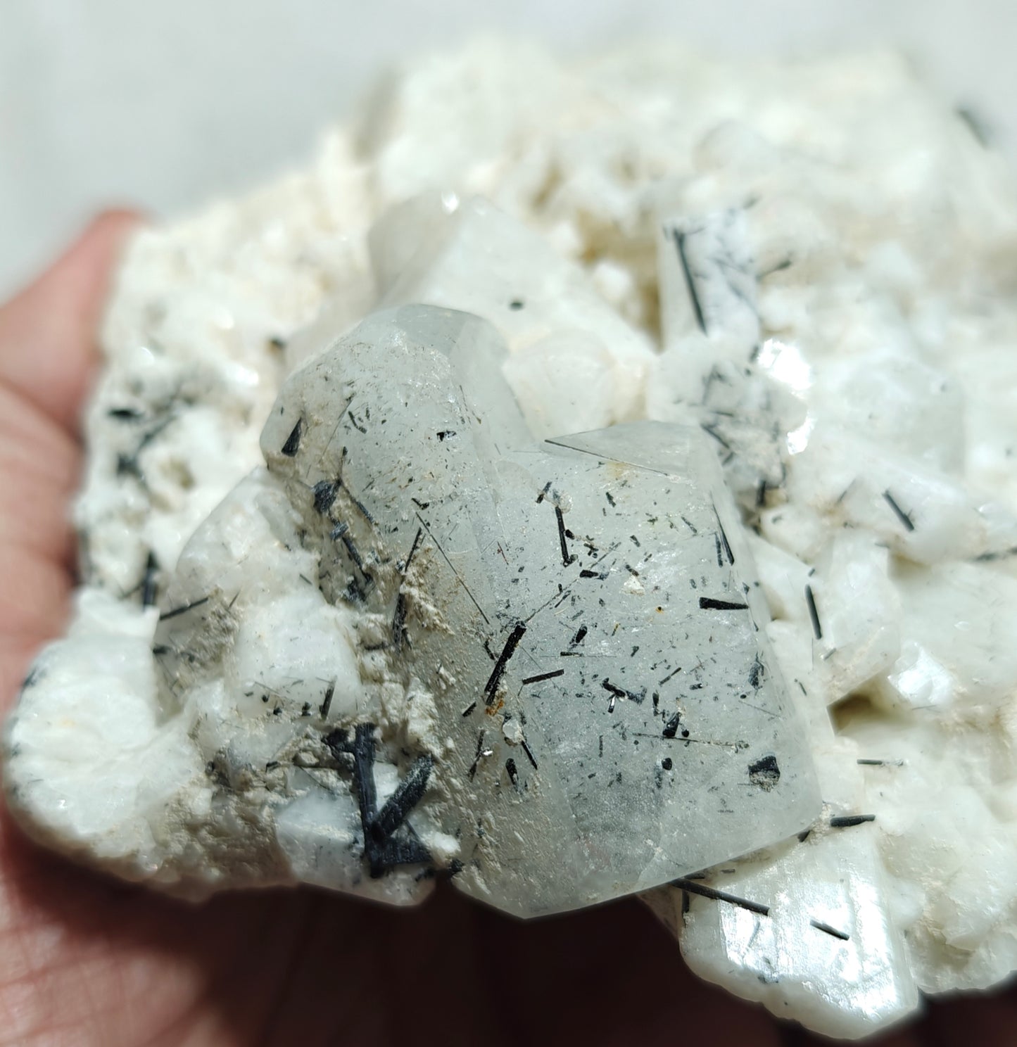 Afghanistan Aquamarine crystal specimen on matrix with feldspar and tourmalines 812 grams