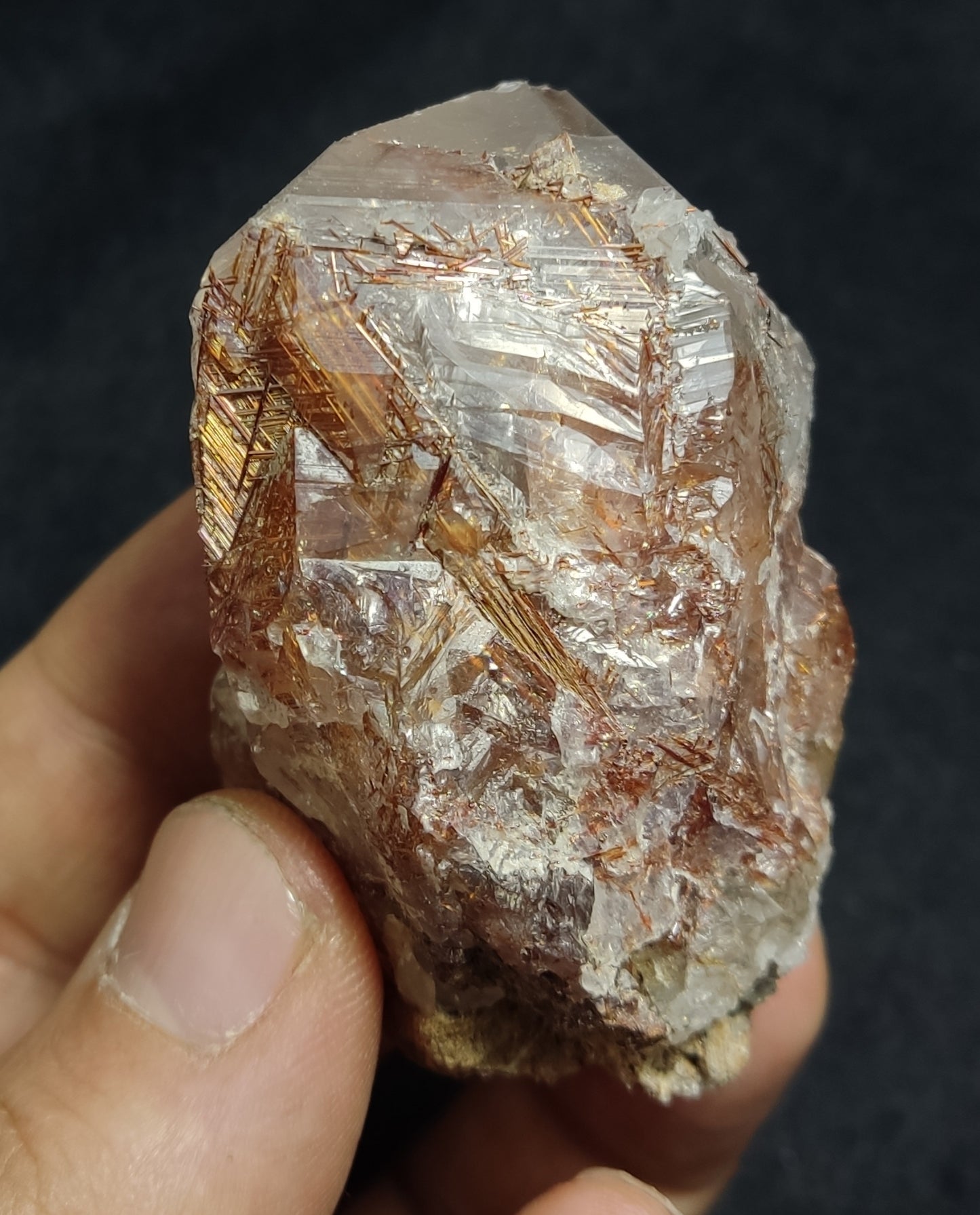 Natural Quartz Crystal with Rutiles Saginite and a siderite 119 grams