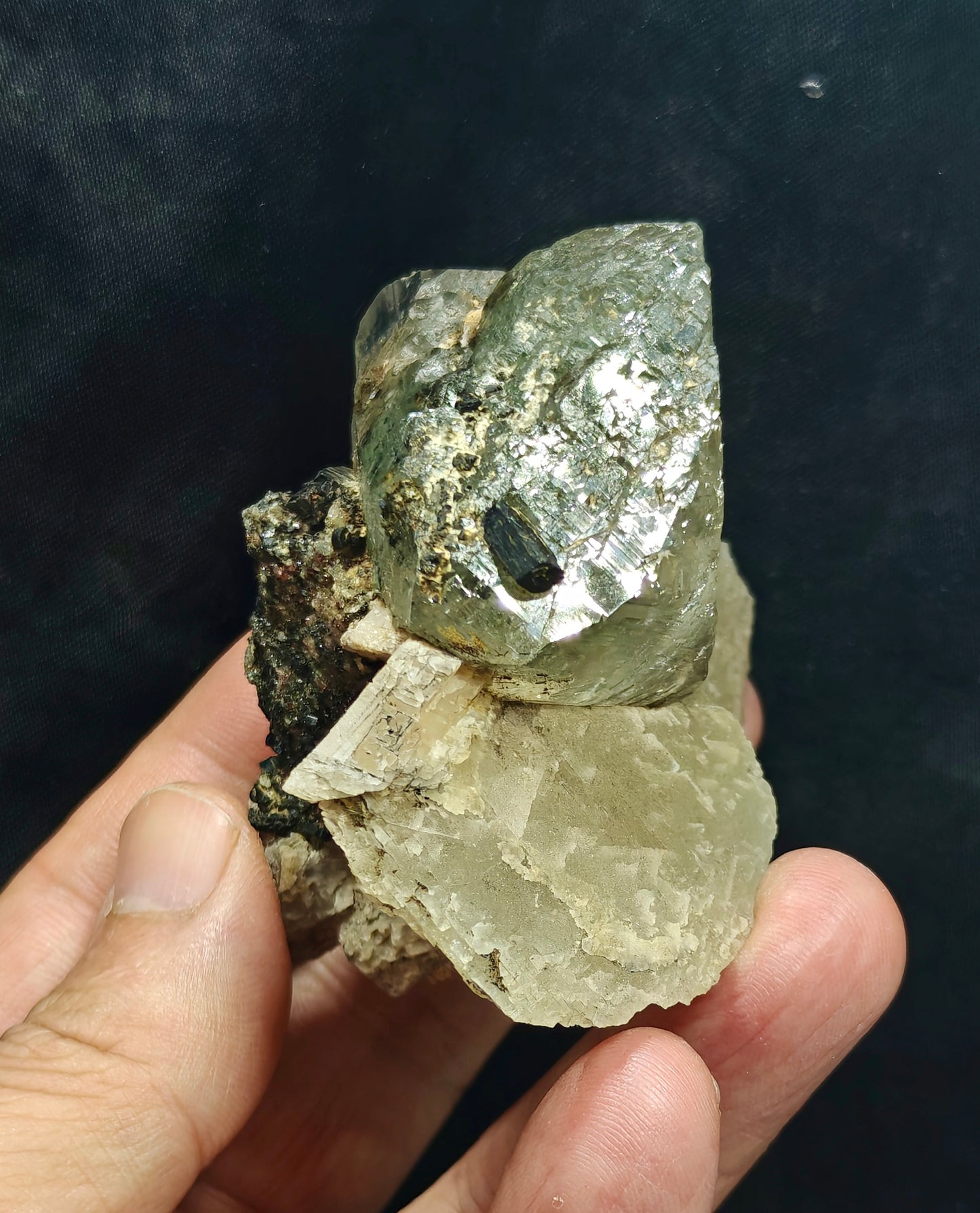 Terminated Etched Quartz crystal with calcite, Epidote and byss-olite 149 grams