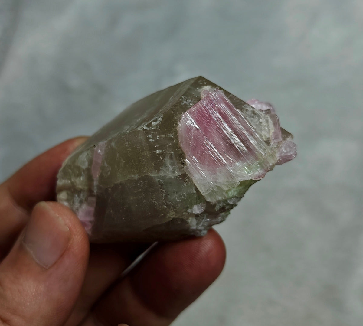 Pink Tourmaline crystal on smoky quartz 80g