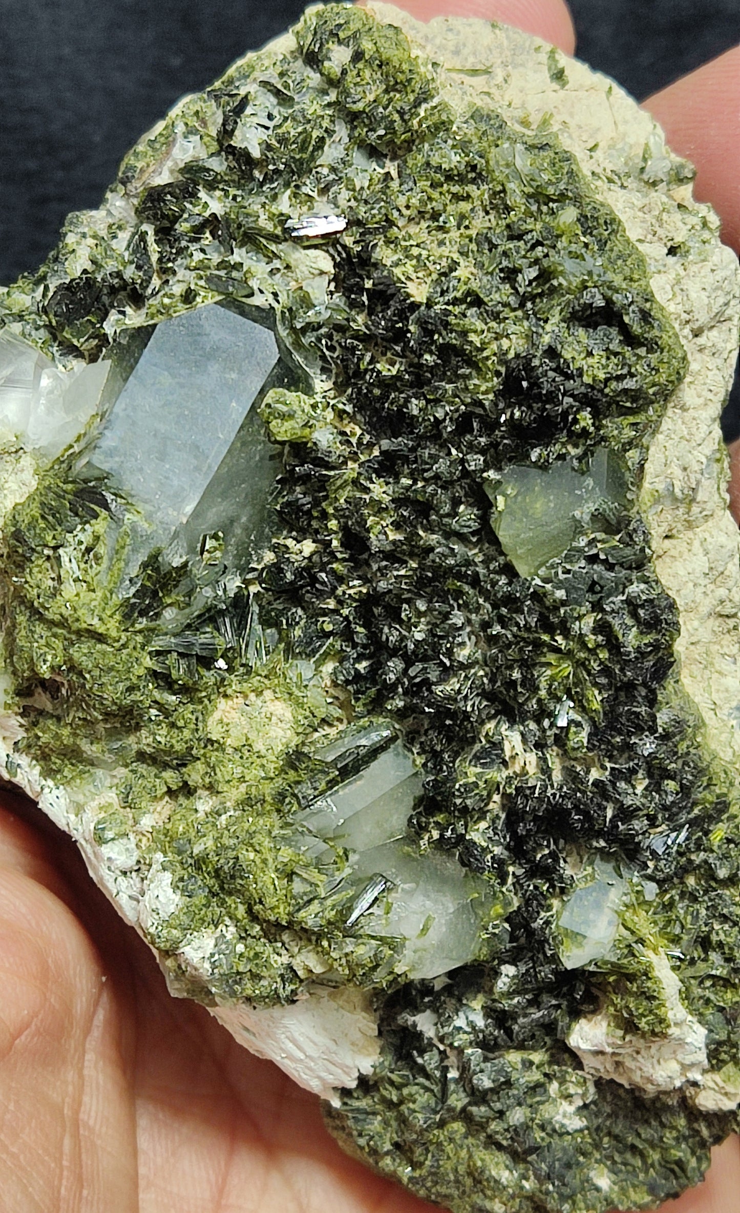 Quartz and Epidote cluster with beautiful terminations 265 grams