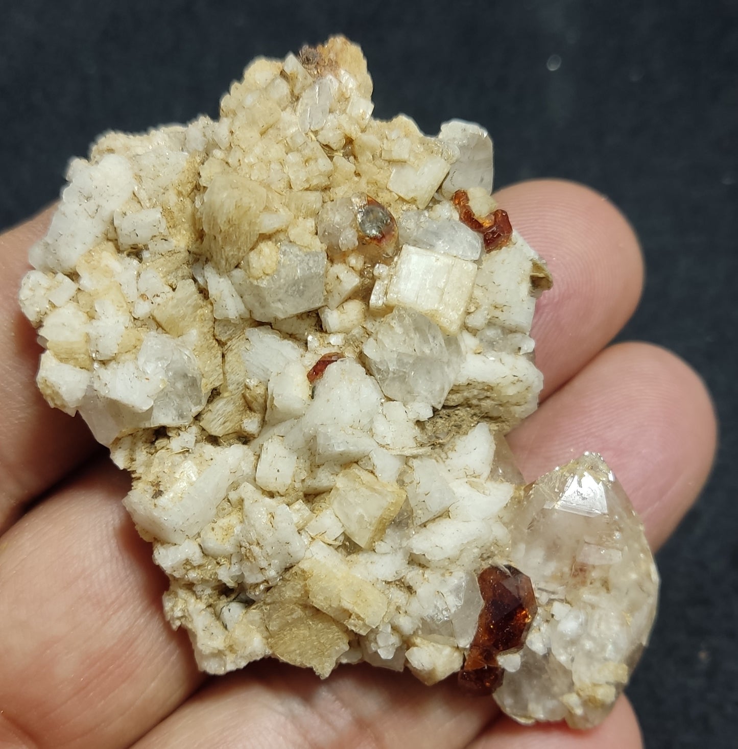 Natural spessartine Garnets specimen on matrix with quartz and albite 30 grams