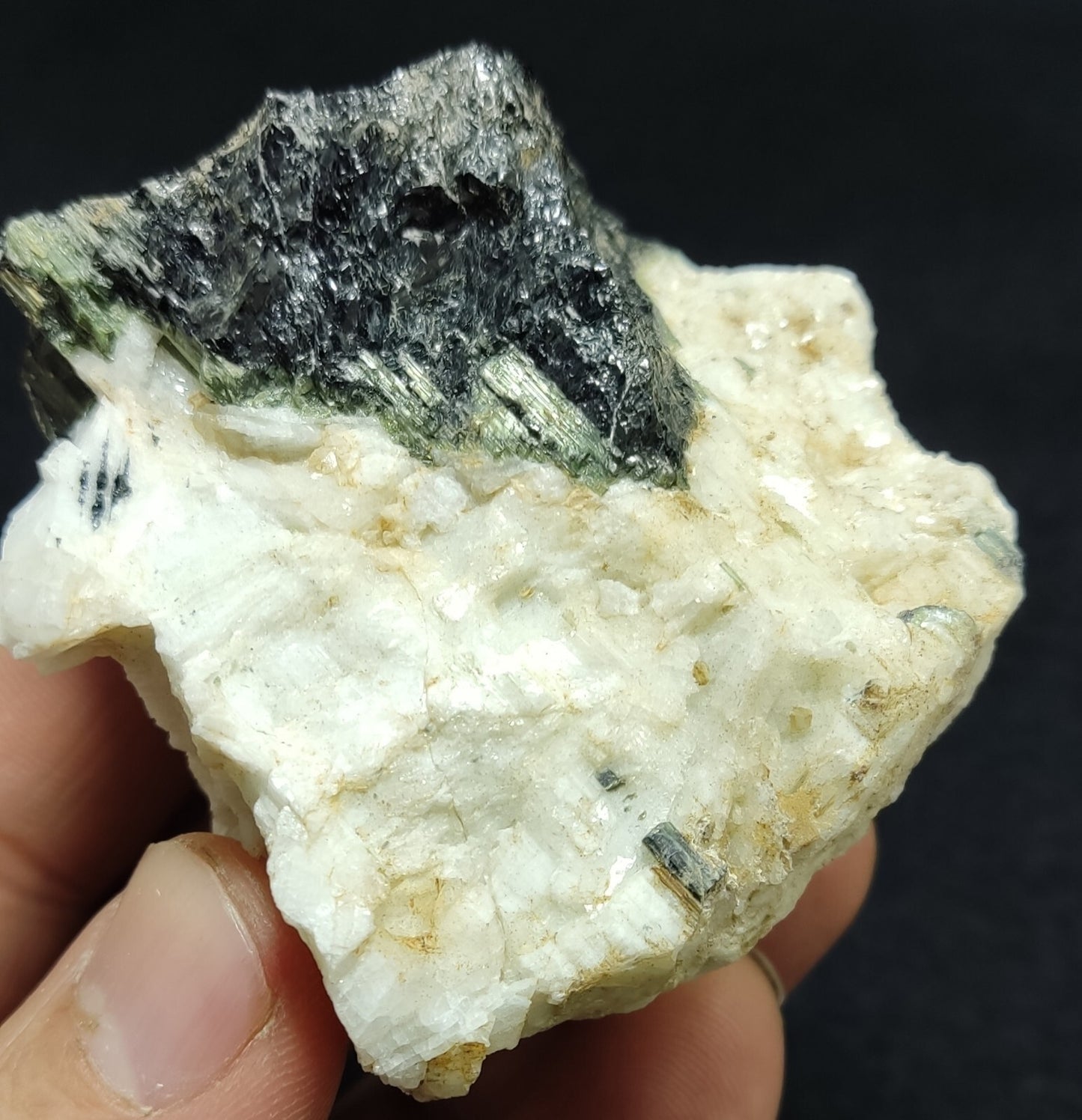 An Aesthetic specimen of black/green Tourmaline on matrix with Albite 169 grams