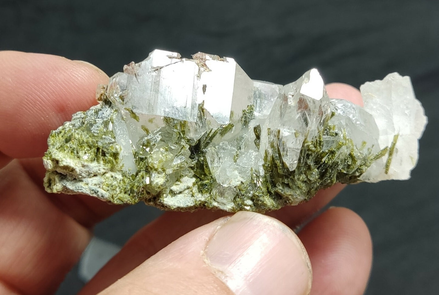 An aesthetic specimen of Epidote quartz cluster 36 grams