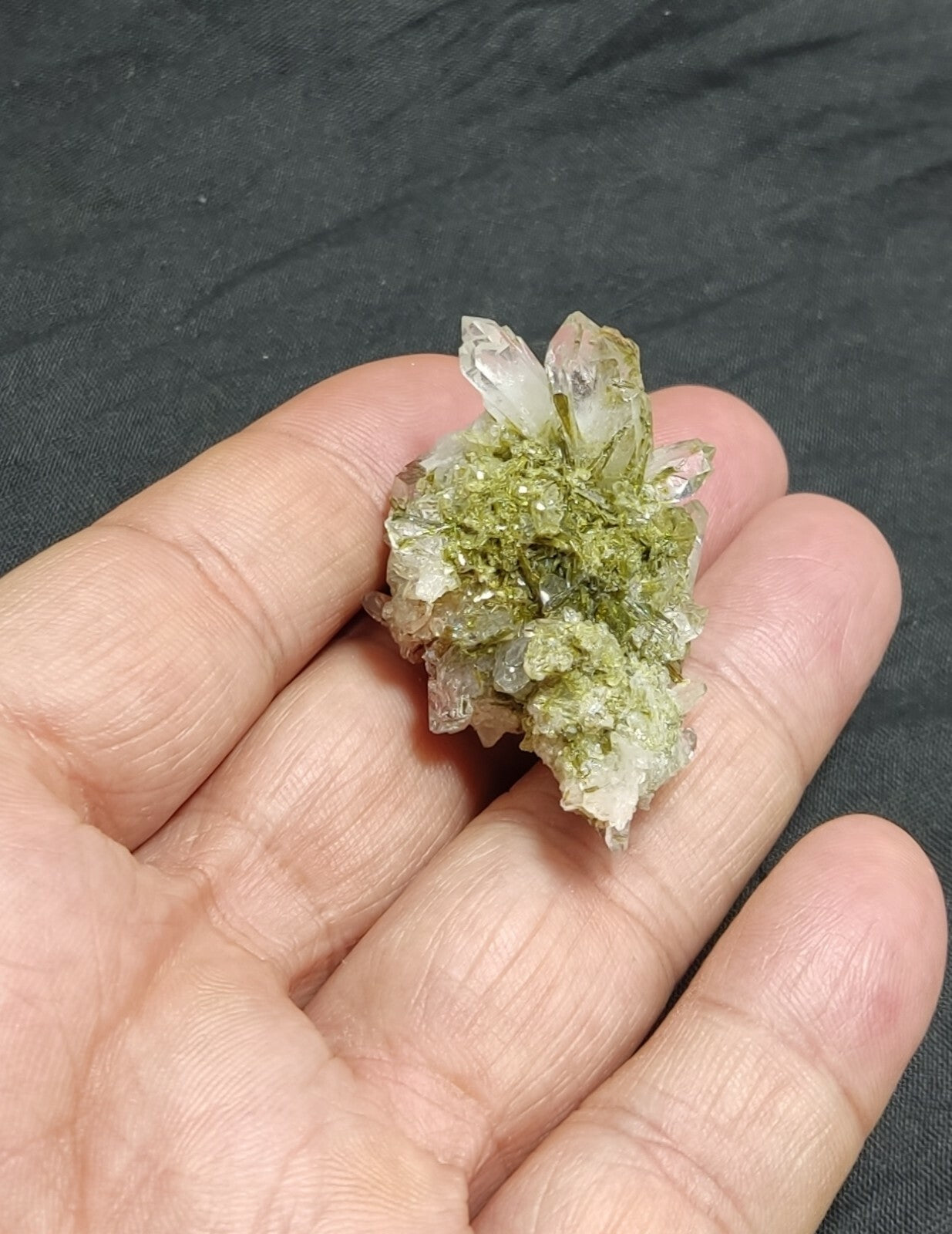 An aesthetic specimen of Epidote quartz cluster 22 grams