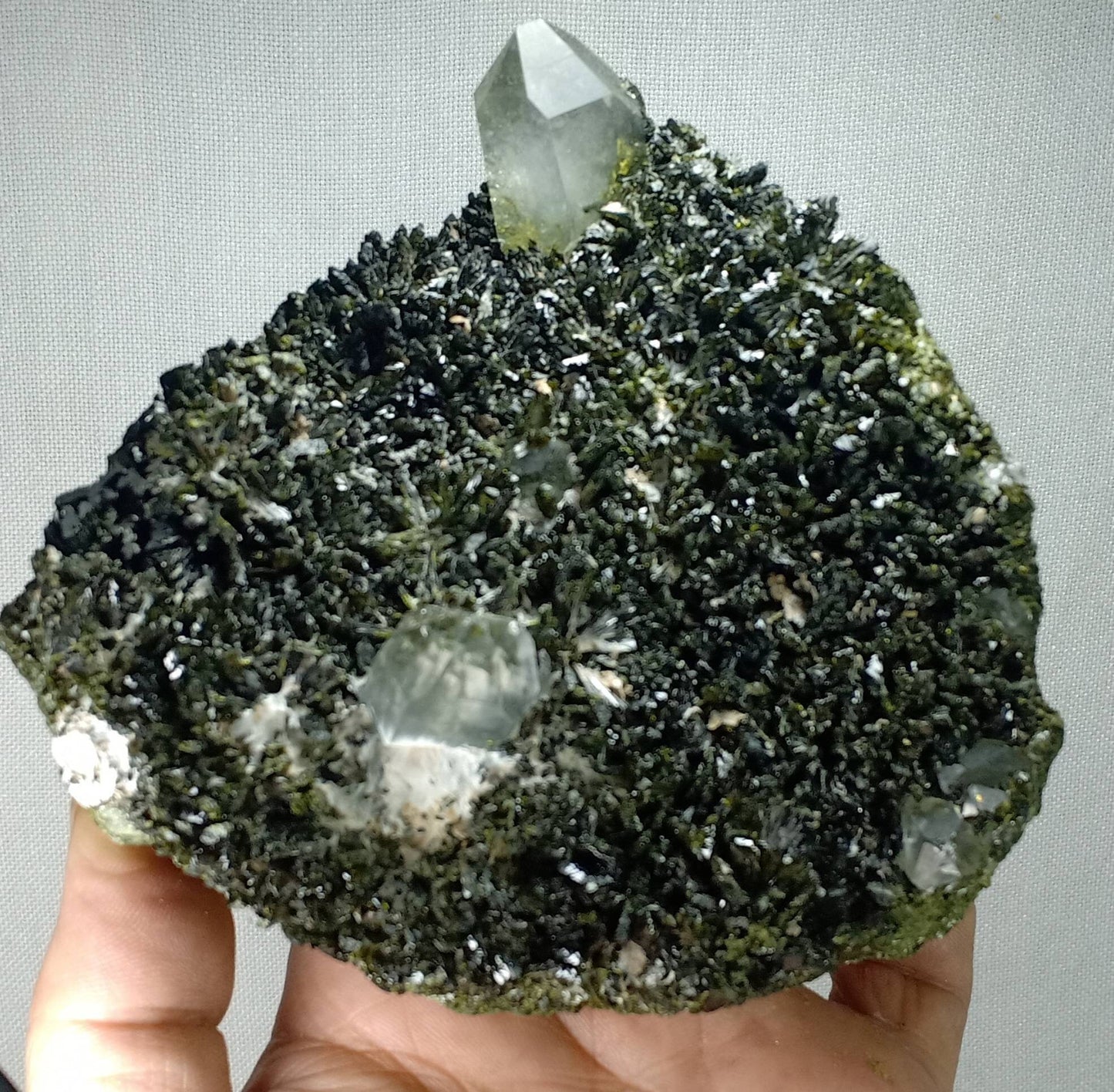 Epidote self standing cluster with perfectly terminated quartz crystals 970 grams