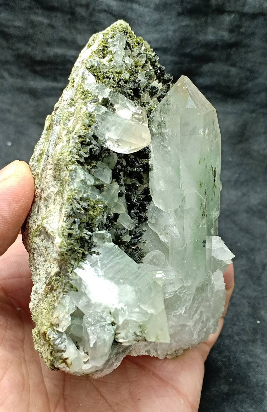 An amazing quartz and Epidote cluster with beautiful terminations 448 grams