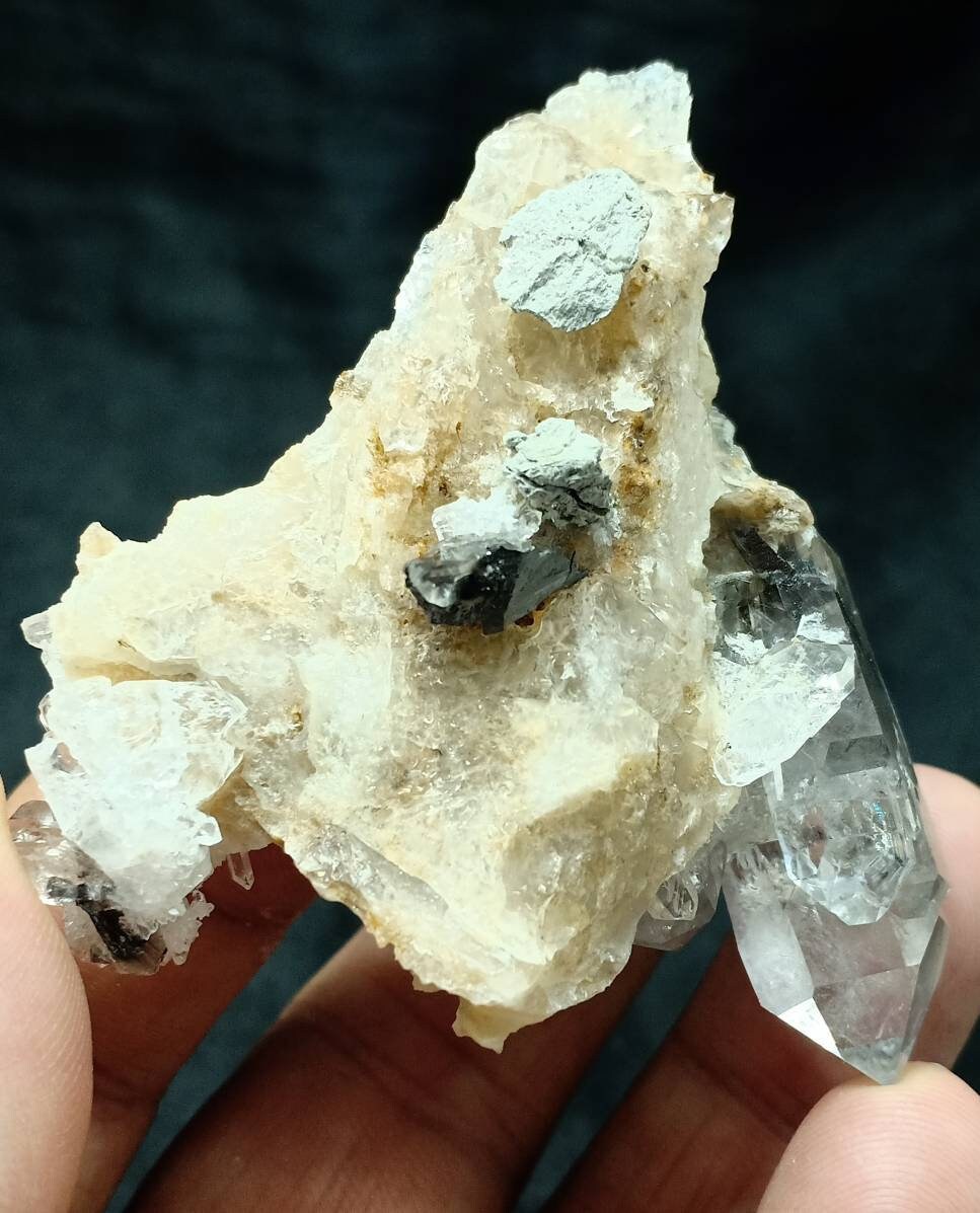Single beautiful brookite included Quartz Crystals cluster on matrix of calcite 61 grams