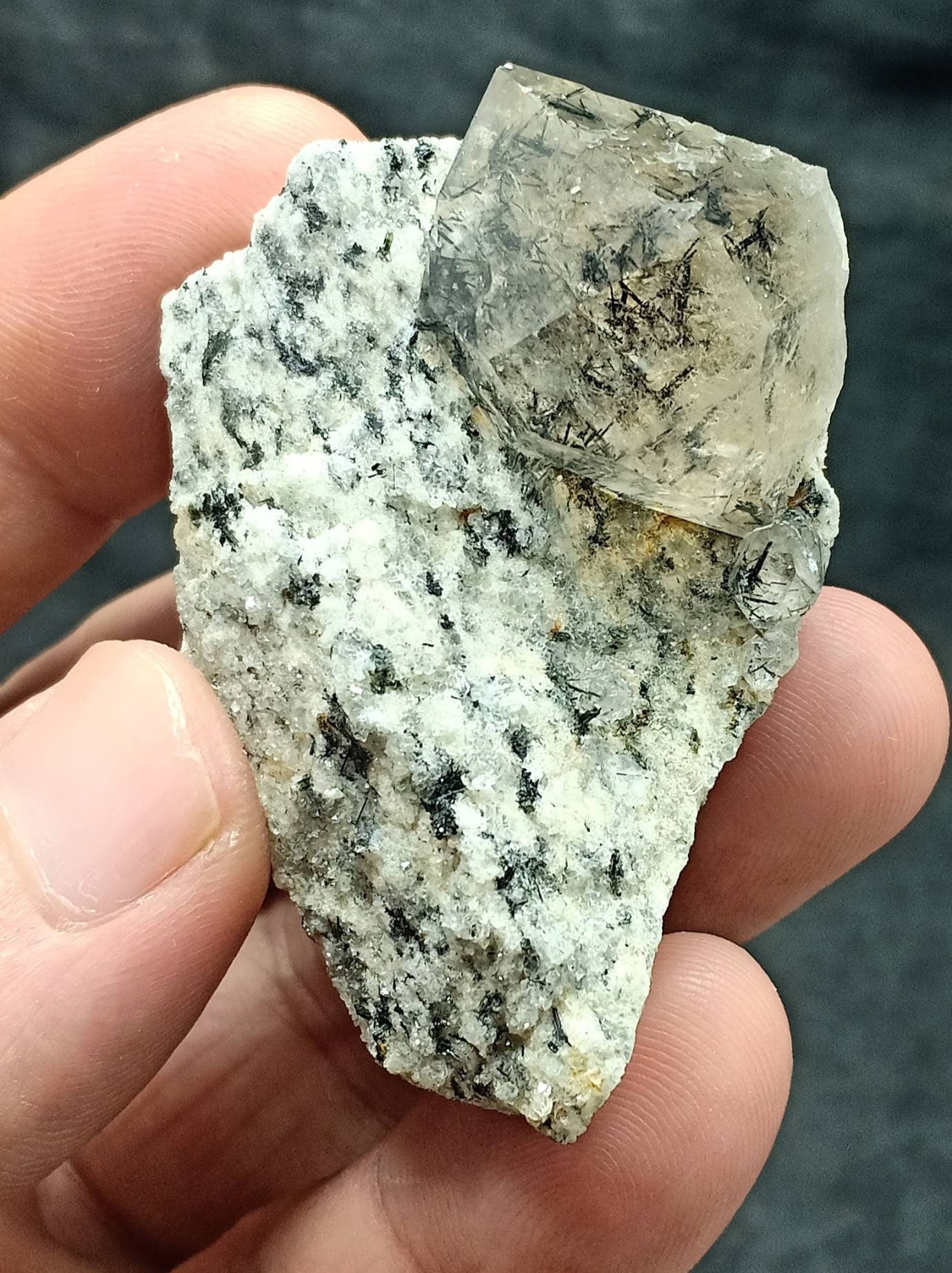 An amazing specimen of aegirine included double terminated Quartz Crystal on matrix of granite 52 grams
