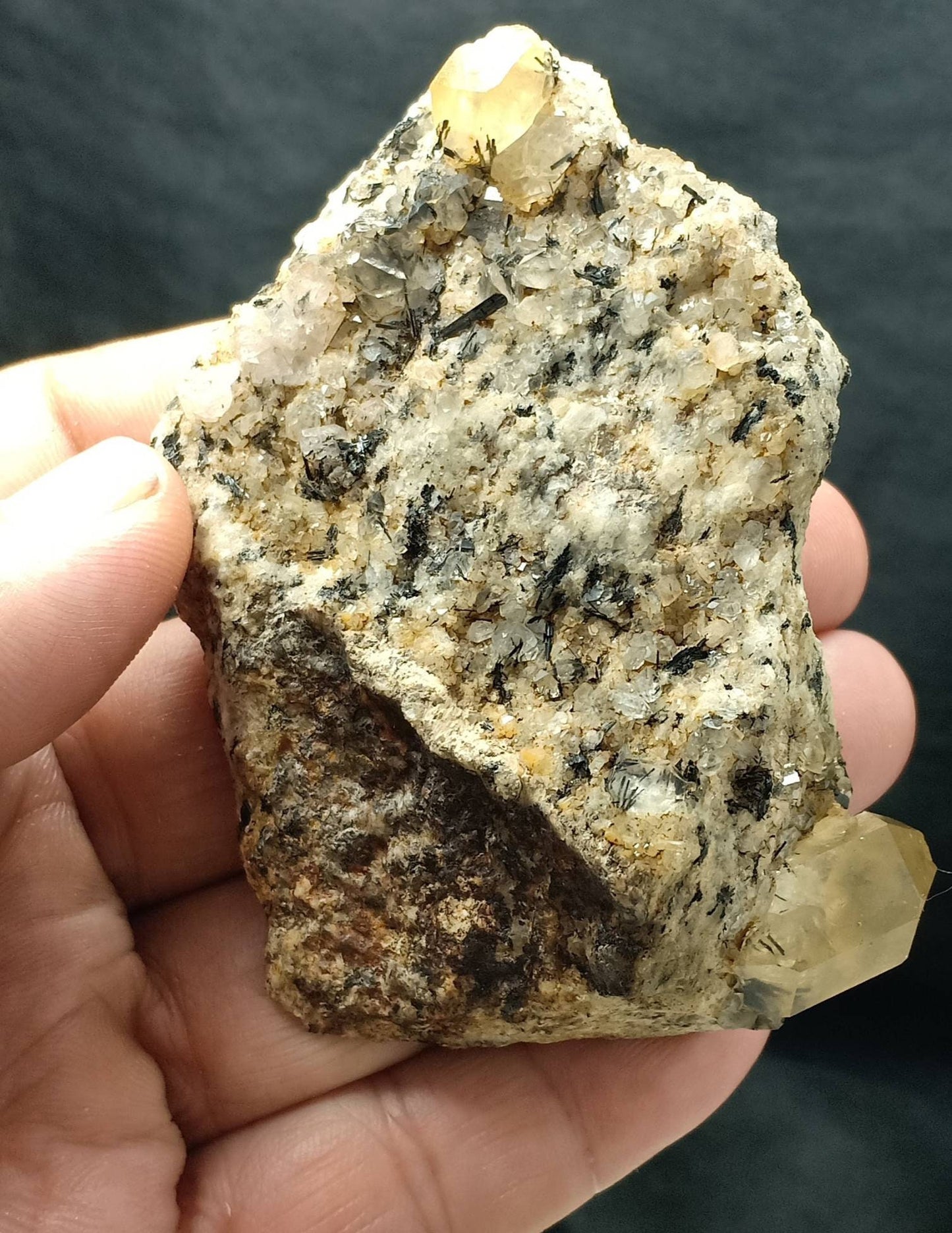 Astrophyllite included terminated Quartz Crystals on matrix of granite 193 grams