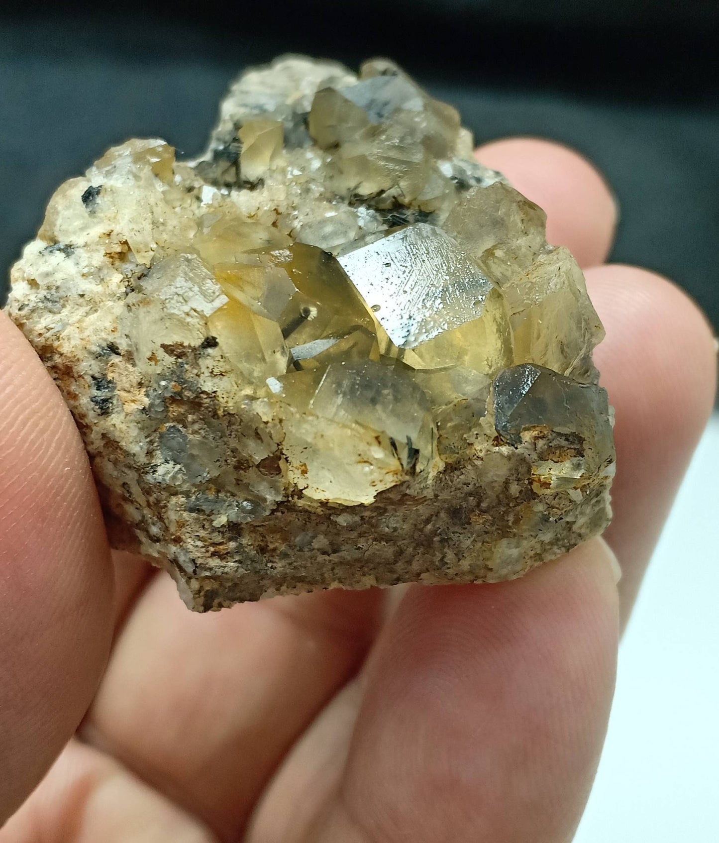 Astrophyllite included terminated Quartz Crystals cluster with aegirine inclusions on matrix of granite 66 grams