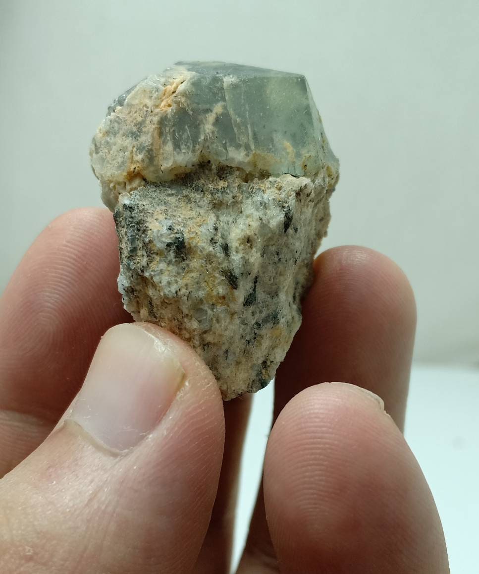 Green Fluorite Crystal specimen with aegirine inclusions on matrix of granite 39 grams