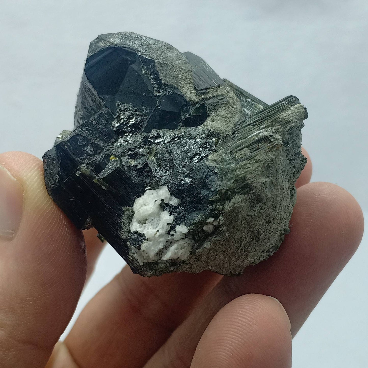 Dark green color Tourmaline crystals cluster with chatoyance effect 129 grams