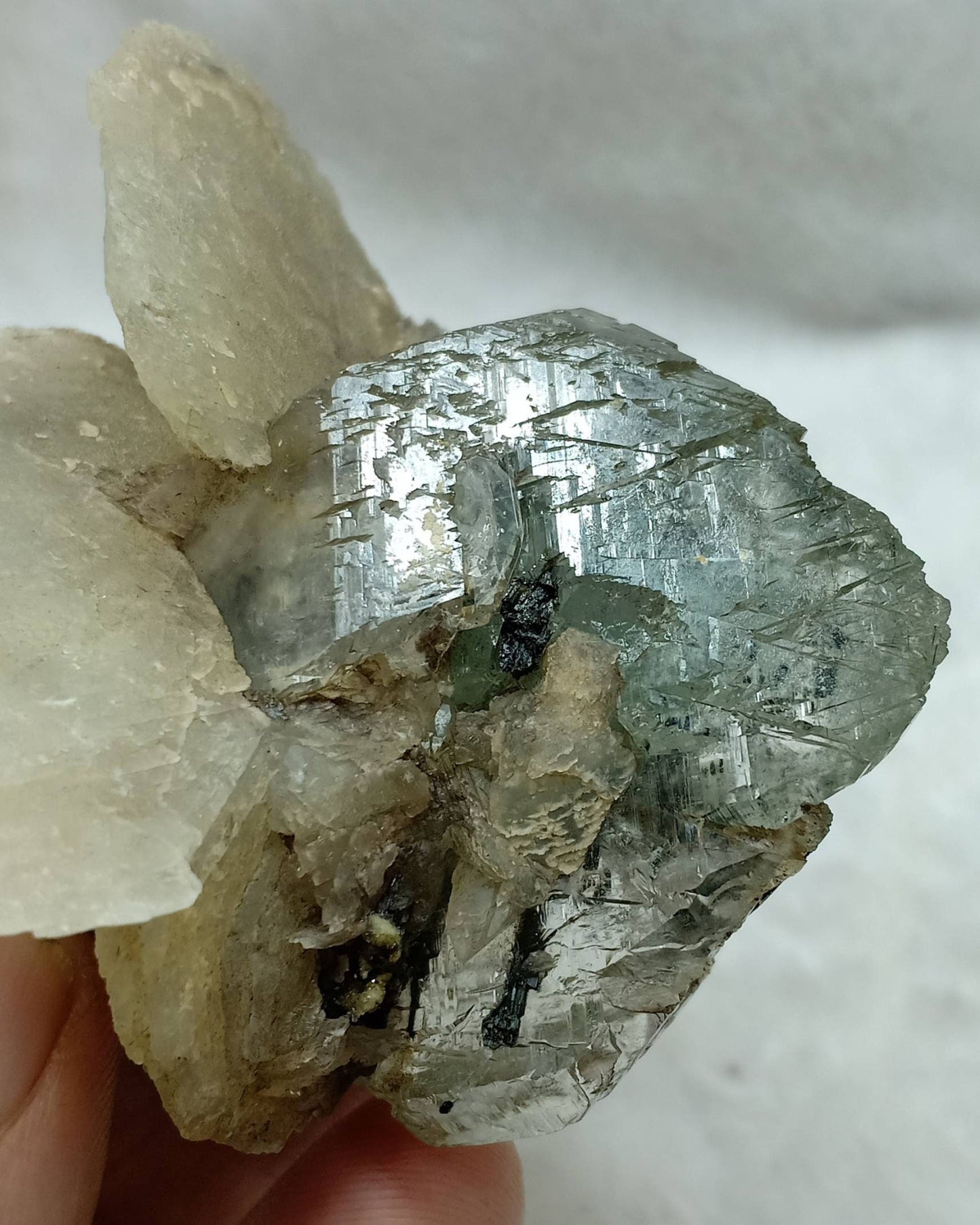 Terminated Etched Quartz crystal with calcite, Epidote and byss-olite 149 grams