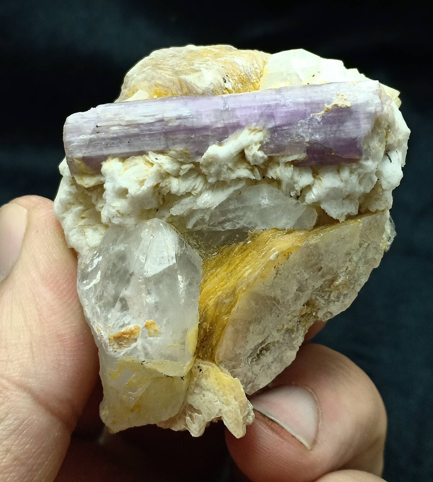 Purple Fluorescent Apatite on matrix with mica, quartz and Schorl 138 grams