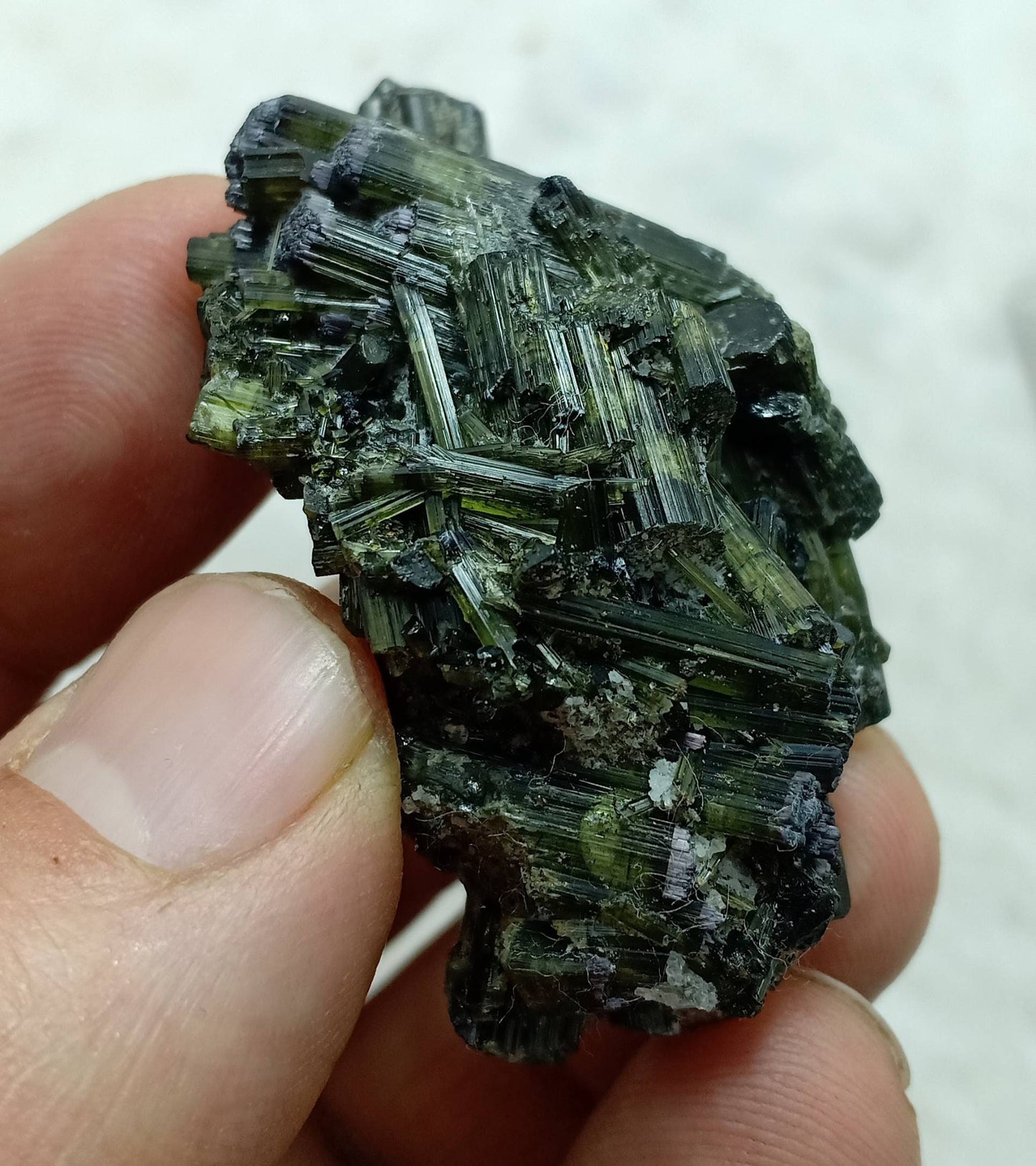 Dark green color Tourmaline crystals cluster with chatoyance effect amazing lustre 35 grams