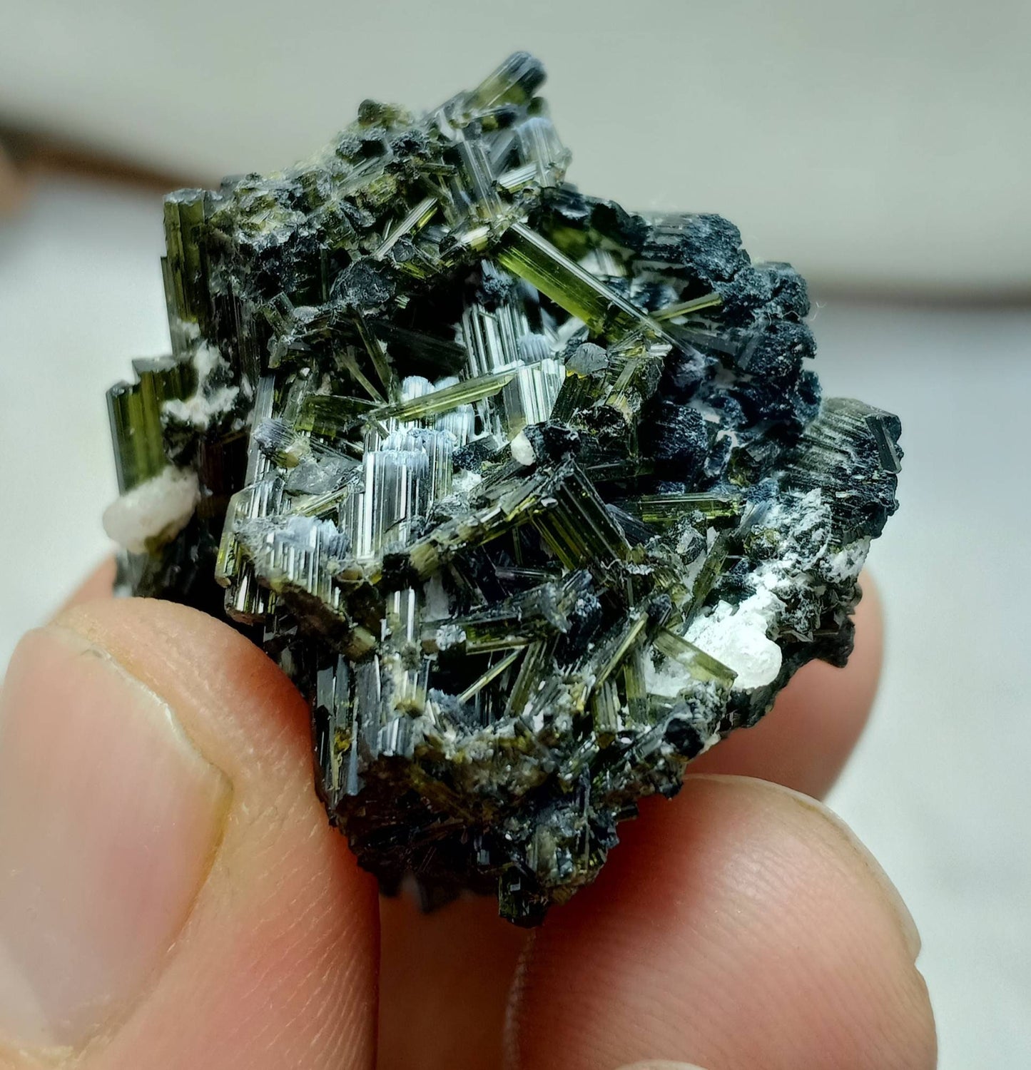 Dark green color Tourmaline crystals cluster with chatoyance effect amazing lustre 50 grams