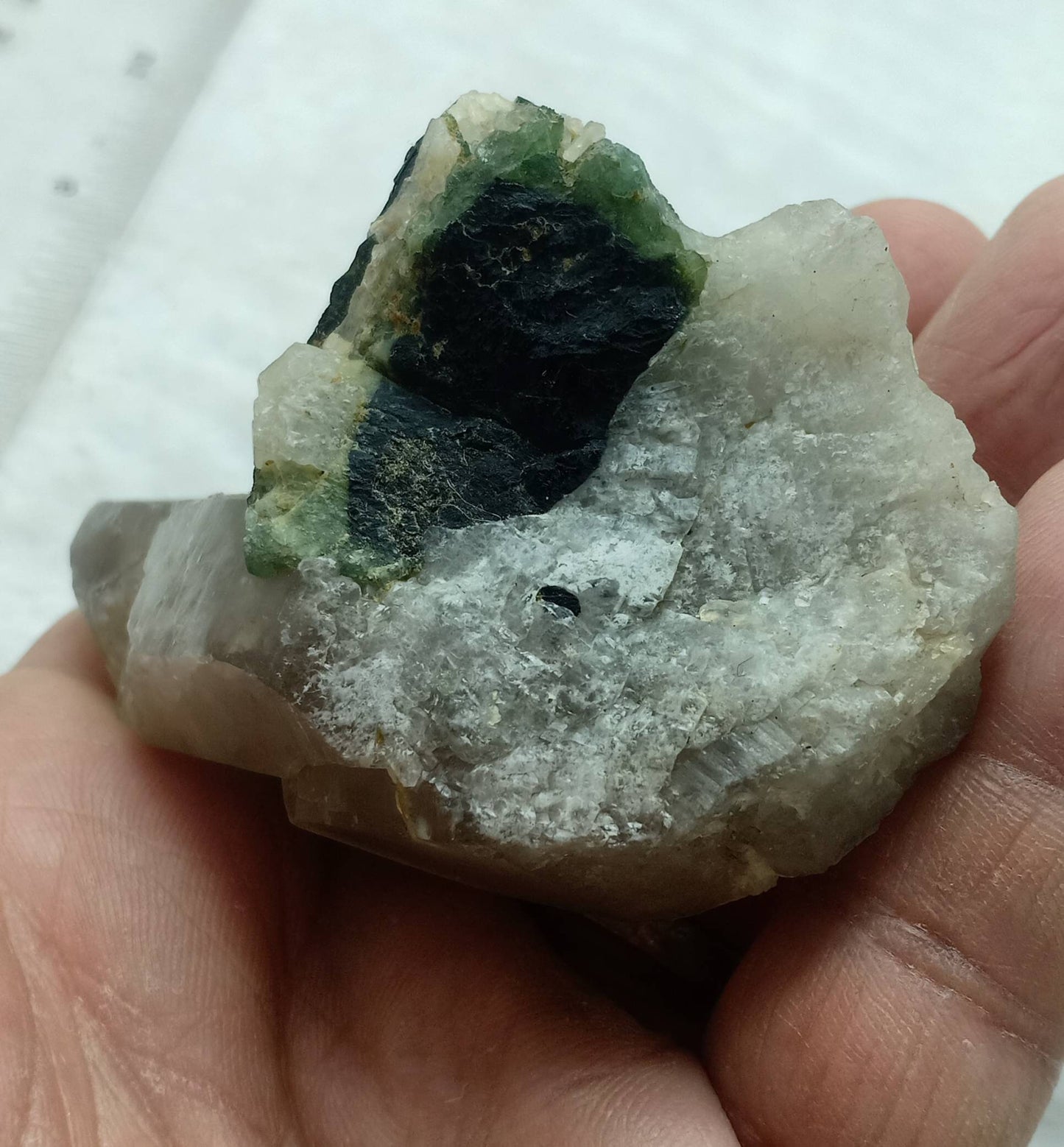 Natural greencap black/green Tourmaline crystal with smoky quartz 212 grams