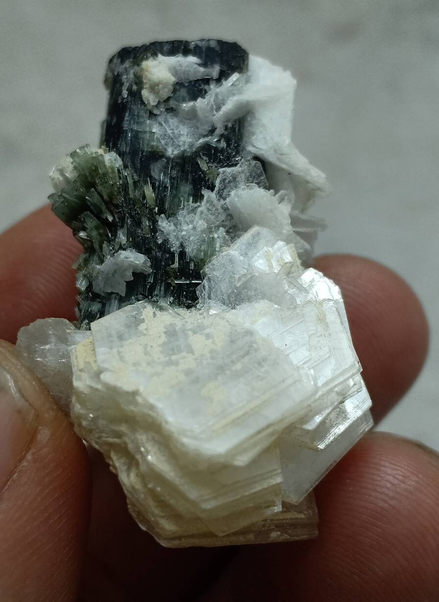 Natural dark green color Tourmaline crystal with associated cleavelandite, muscovite and a small quartz 24grams