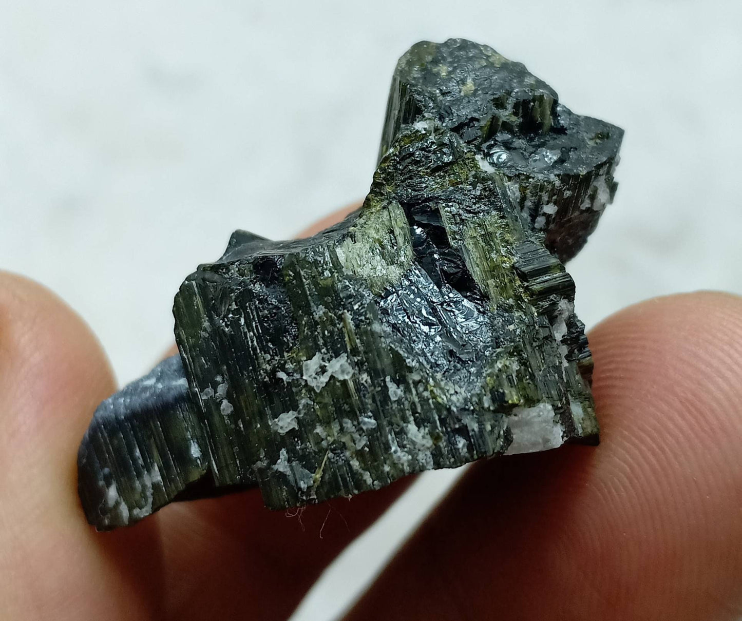 Dark green color Tourmaline crystals cluster with chatoyance effect amazing lustre 19 grams