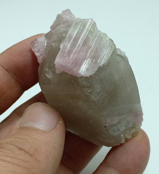 Pink Tourmaline crystal on smoky quartz 80g