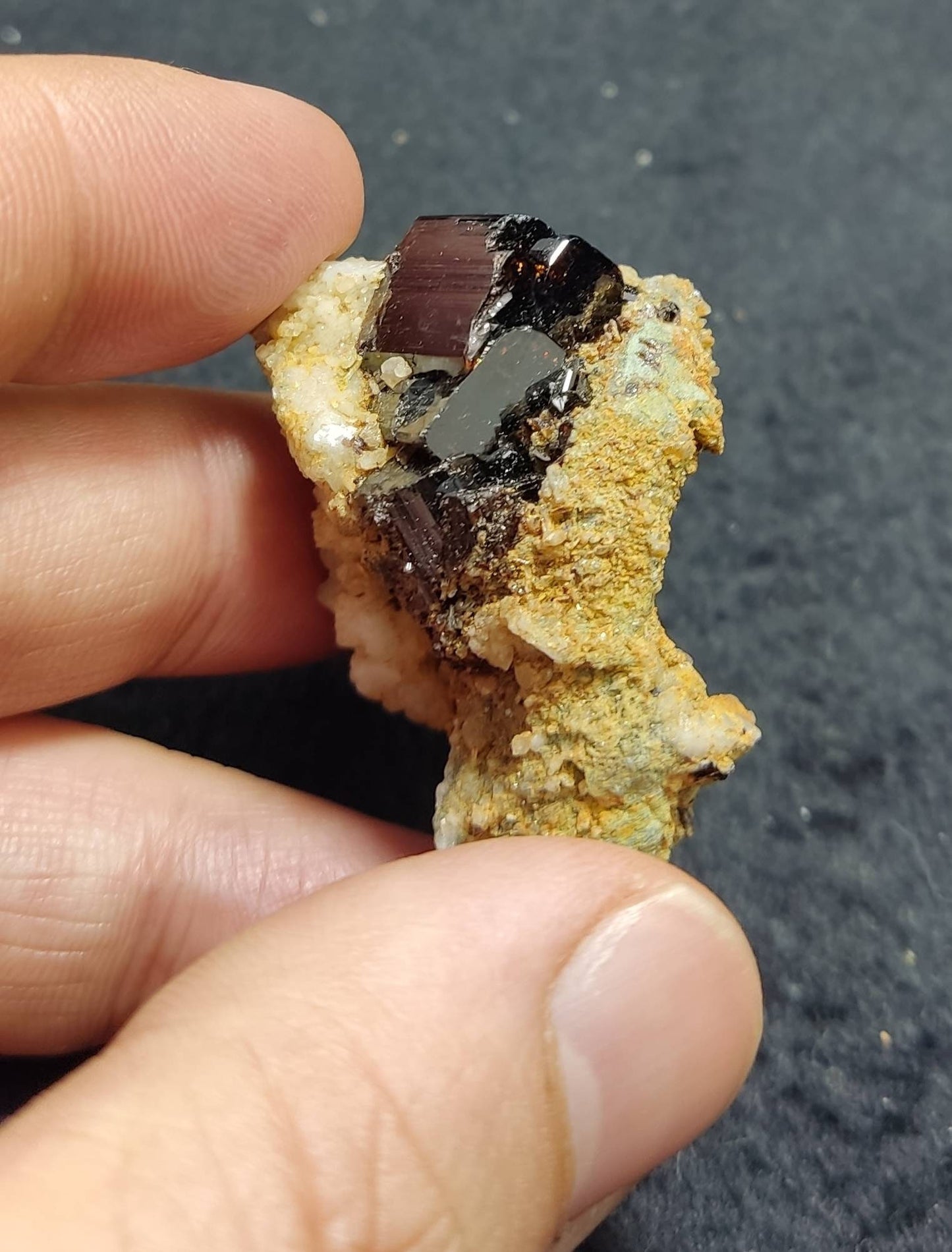 Highly lusterous crystal specimen of dark brown Vesuvianite on matrix 41 grams