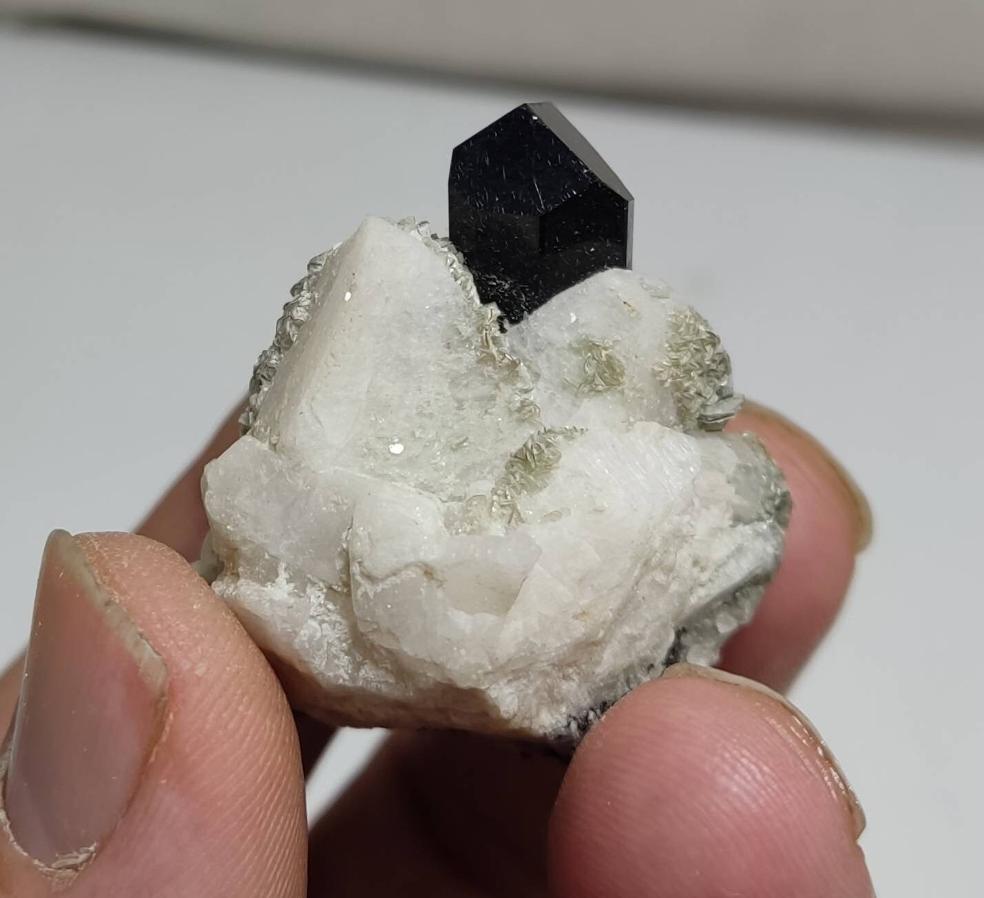 Natural black Tourmaline crystal on matrix with feldspar and muscovite 46 grams