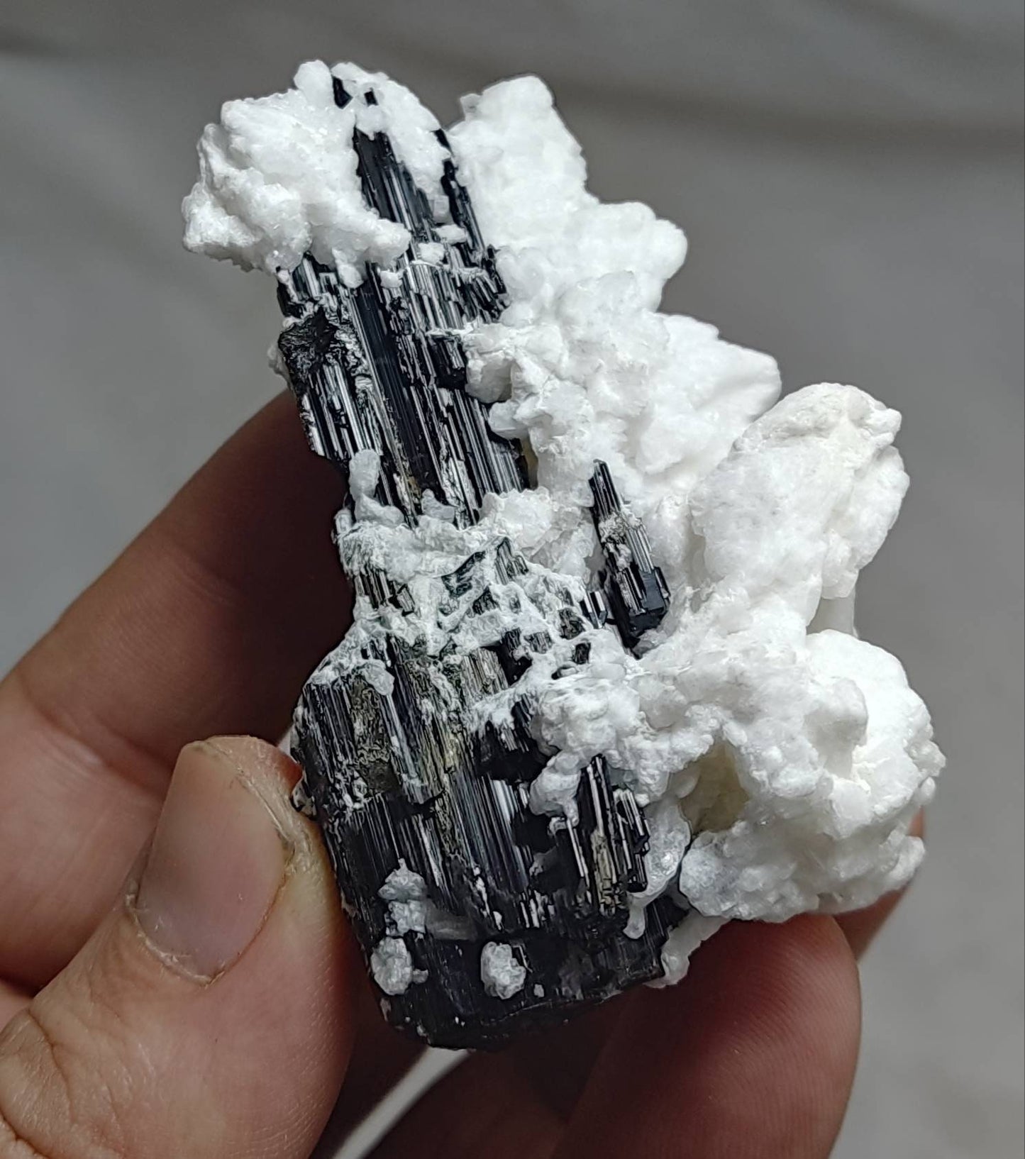 An aesthetic Specimen black tourmaline crystal with albite/feldspar 103 grams