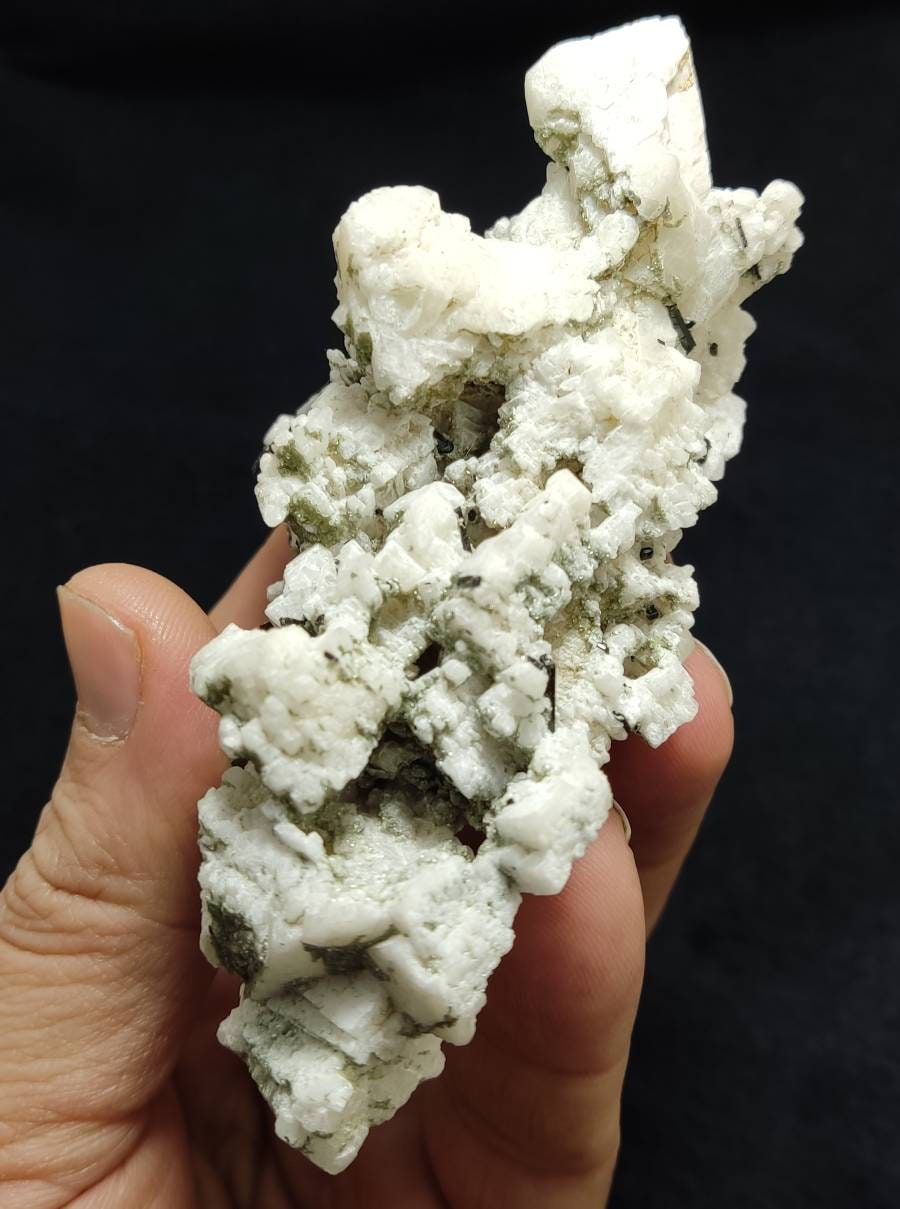 Black tourmaline crystals on albite with unique green inclusions 151 grams