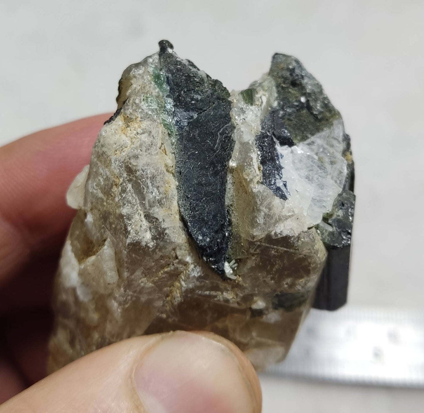Dark green color Tourmaline crystal on quartz 88 grams