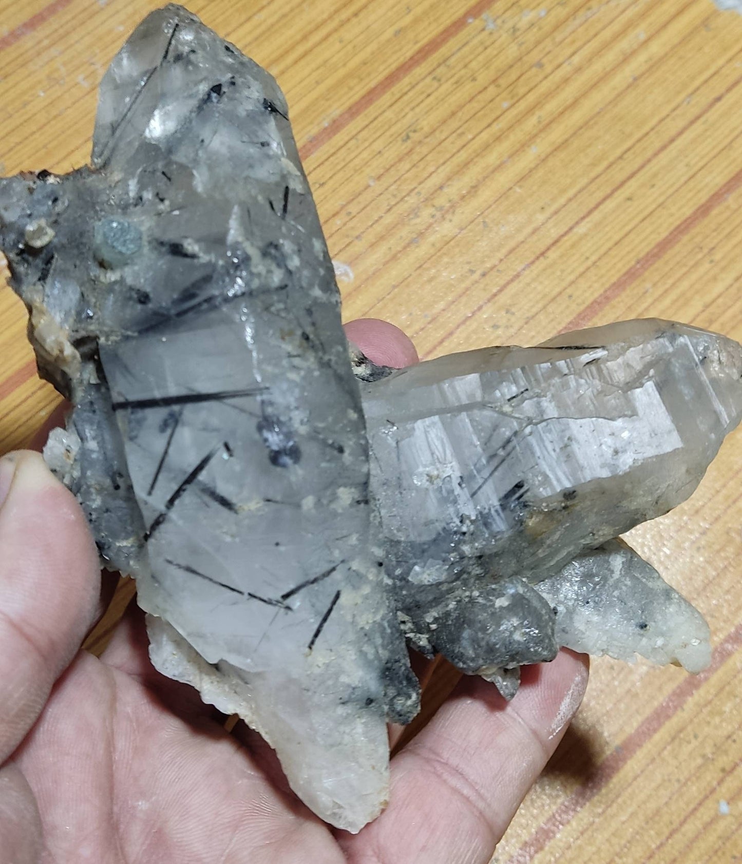 Quartz cluster with associated black Tourmalines and Aquamarine 425 grams