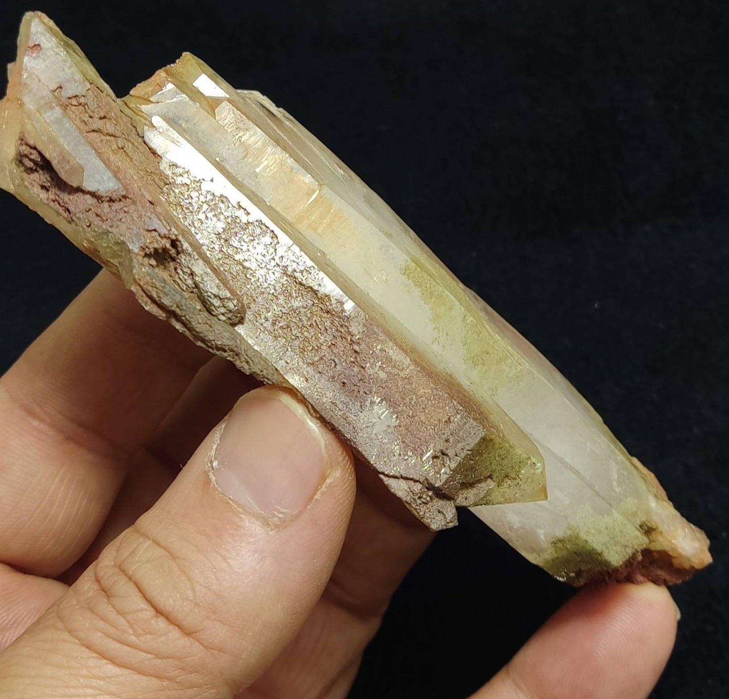 Natural chlorite included Quartz cluster with red color iron inclusions 130 grams