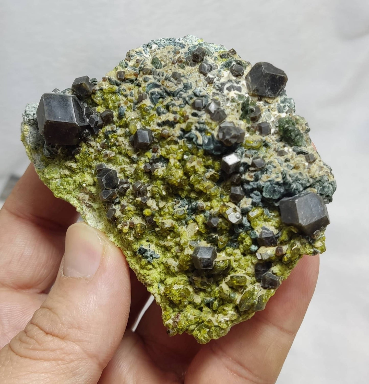 Andradite garnet crystals on matrix with epidote and clinochlore aesthetic specimen 210 grams