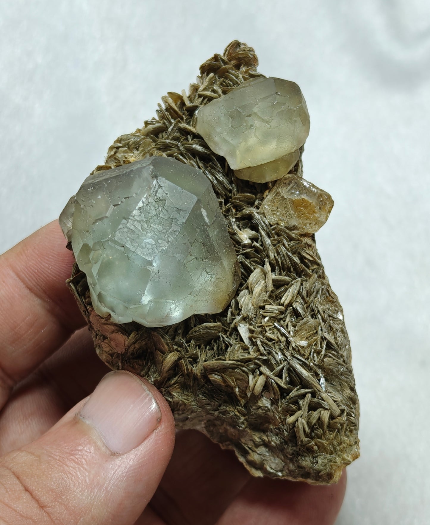 Double terminated Fluorite crystals on matrix with muscovite and goshenite 183 grams