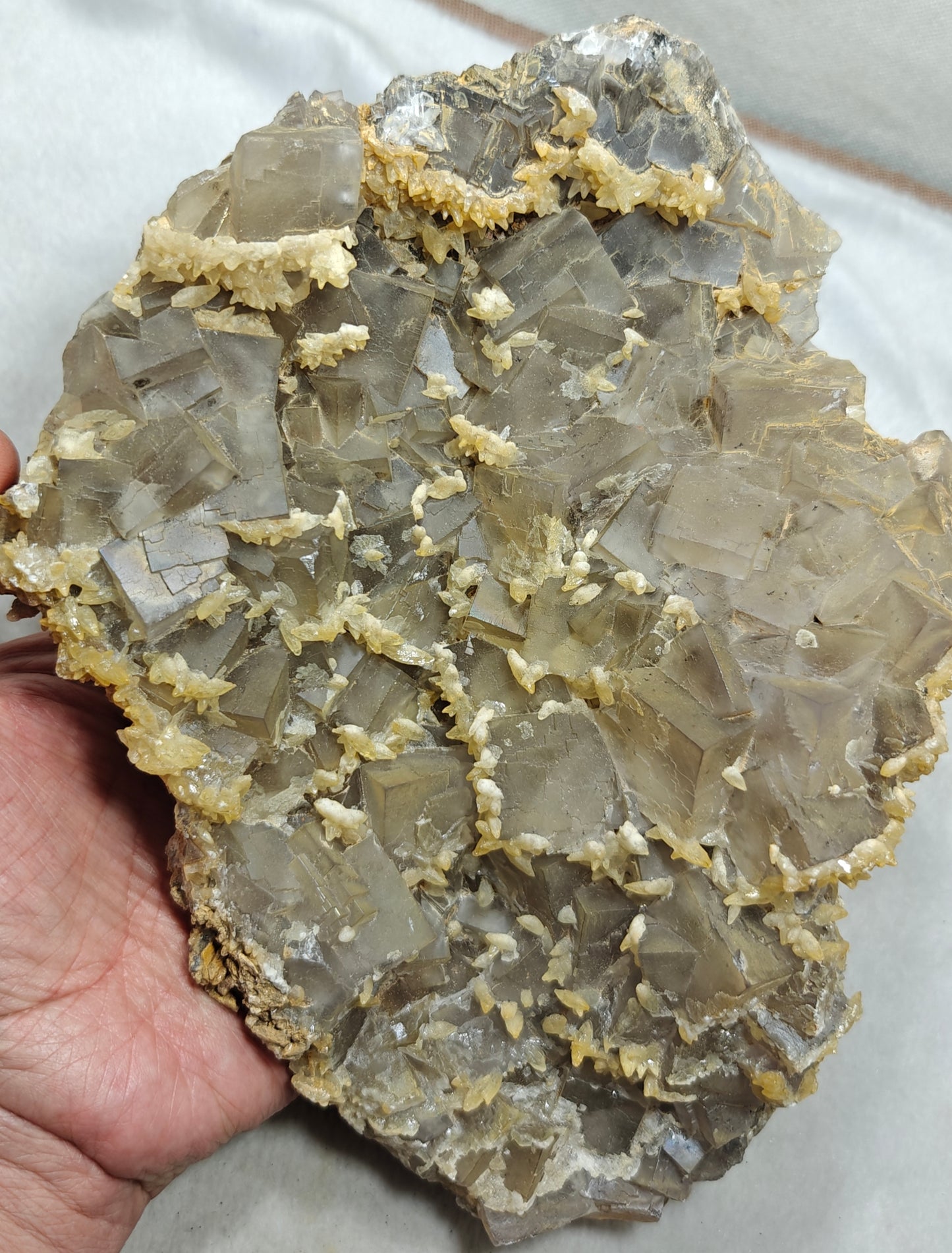 Beautiful Grey Color Fluorite plate with Dogteeth calcite crystals 1580 grams