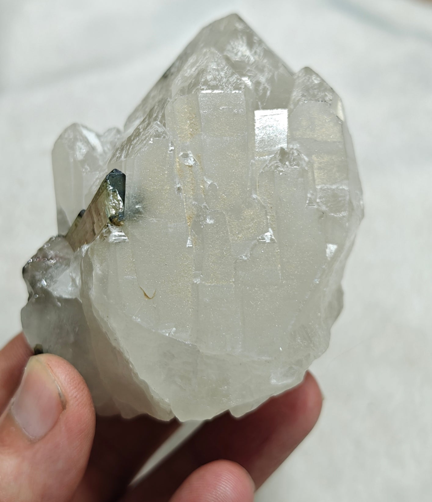 An amazing beautiful specimens of light pink and green Tourmaline embedded in terminated quartz 323g