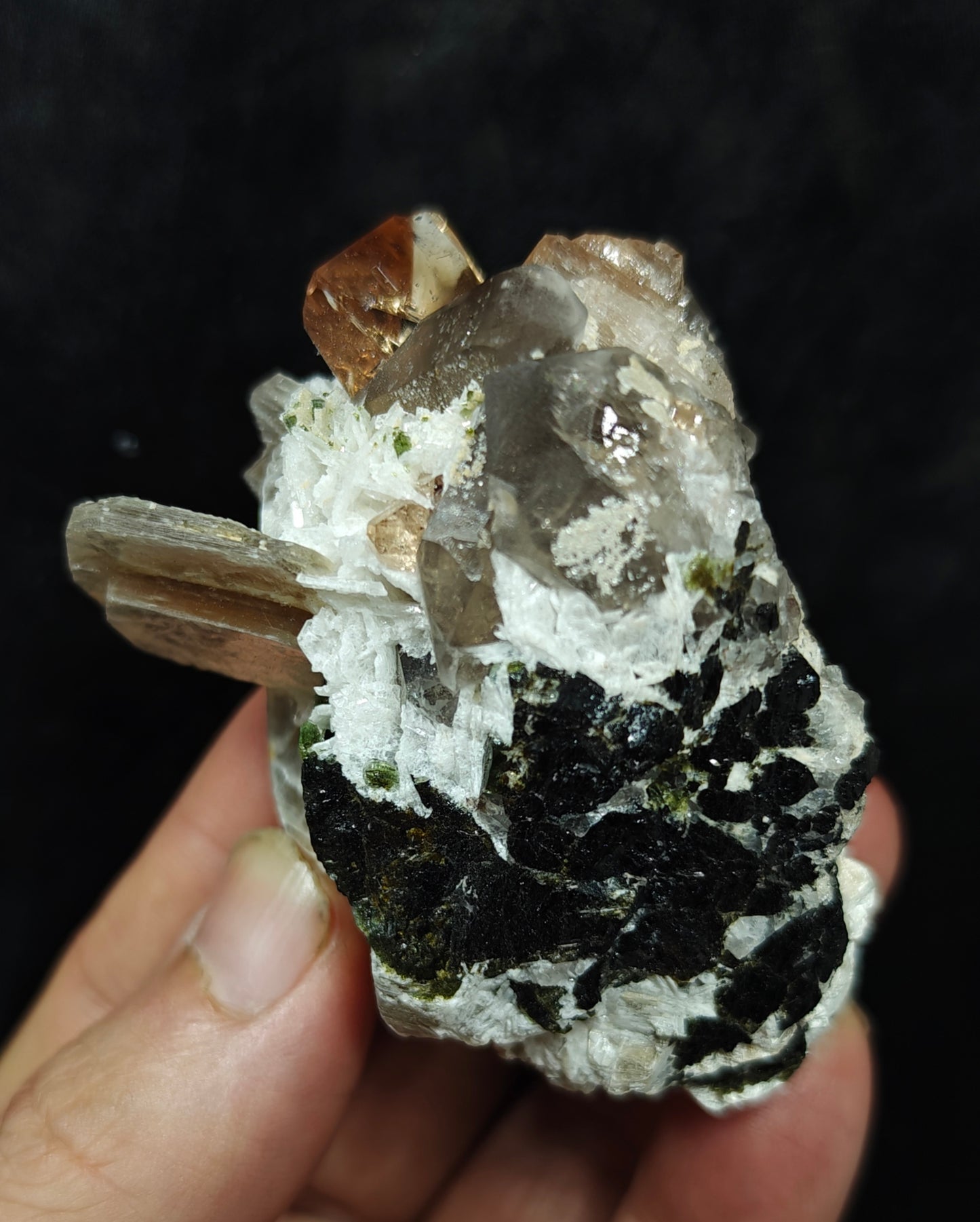 peach color Topaz crystals with quartz and tourmaline 210 grams