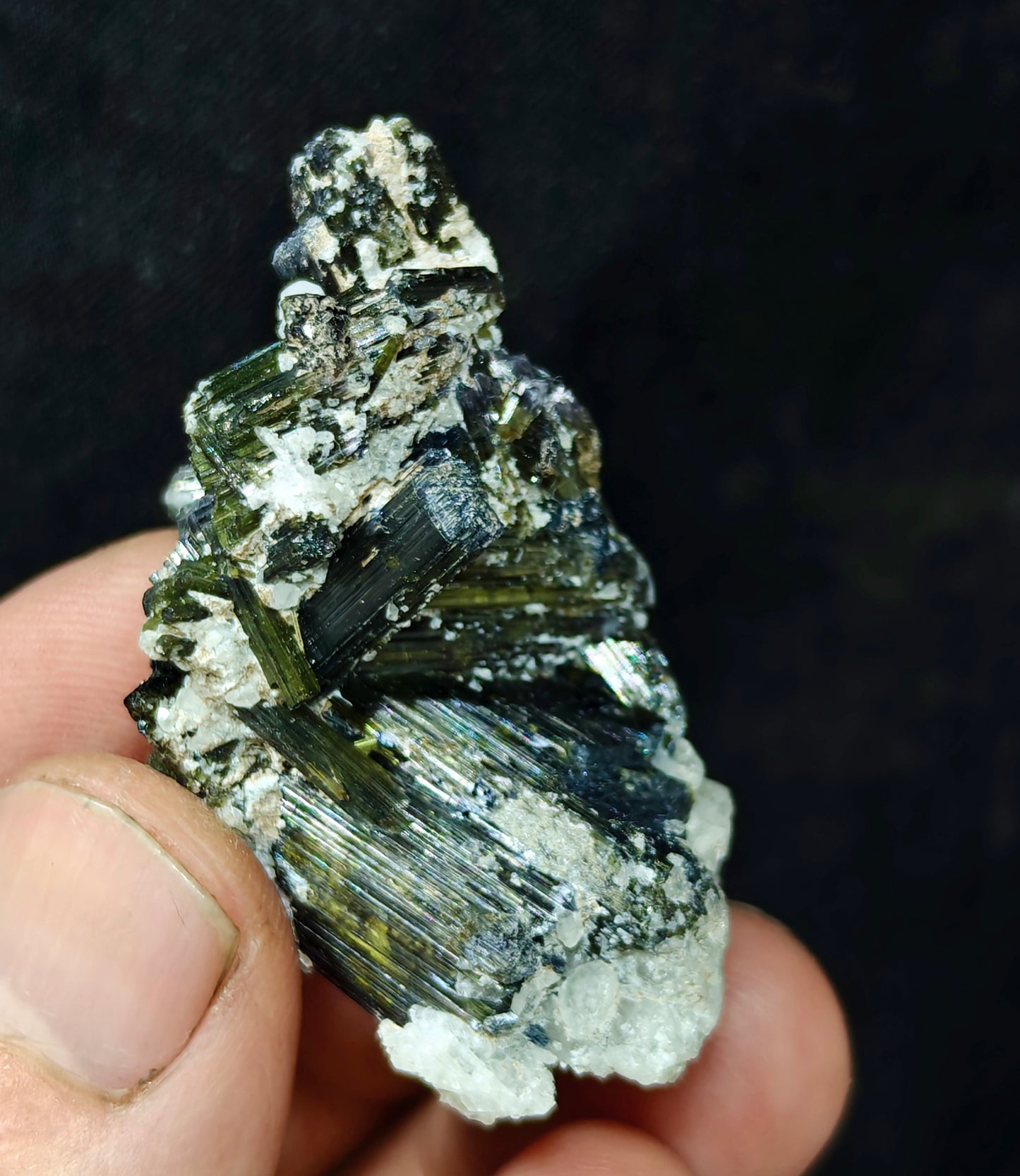 Dark green color Tourmaline crystals cluster with chatoyance effect 34 grams