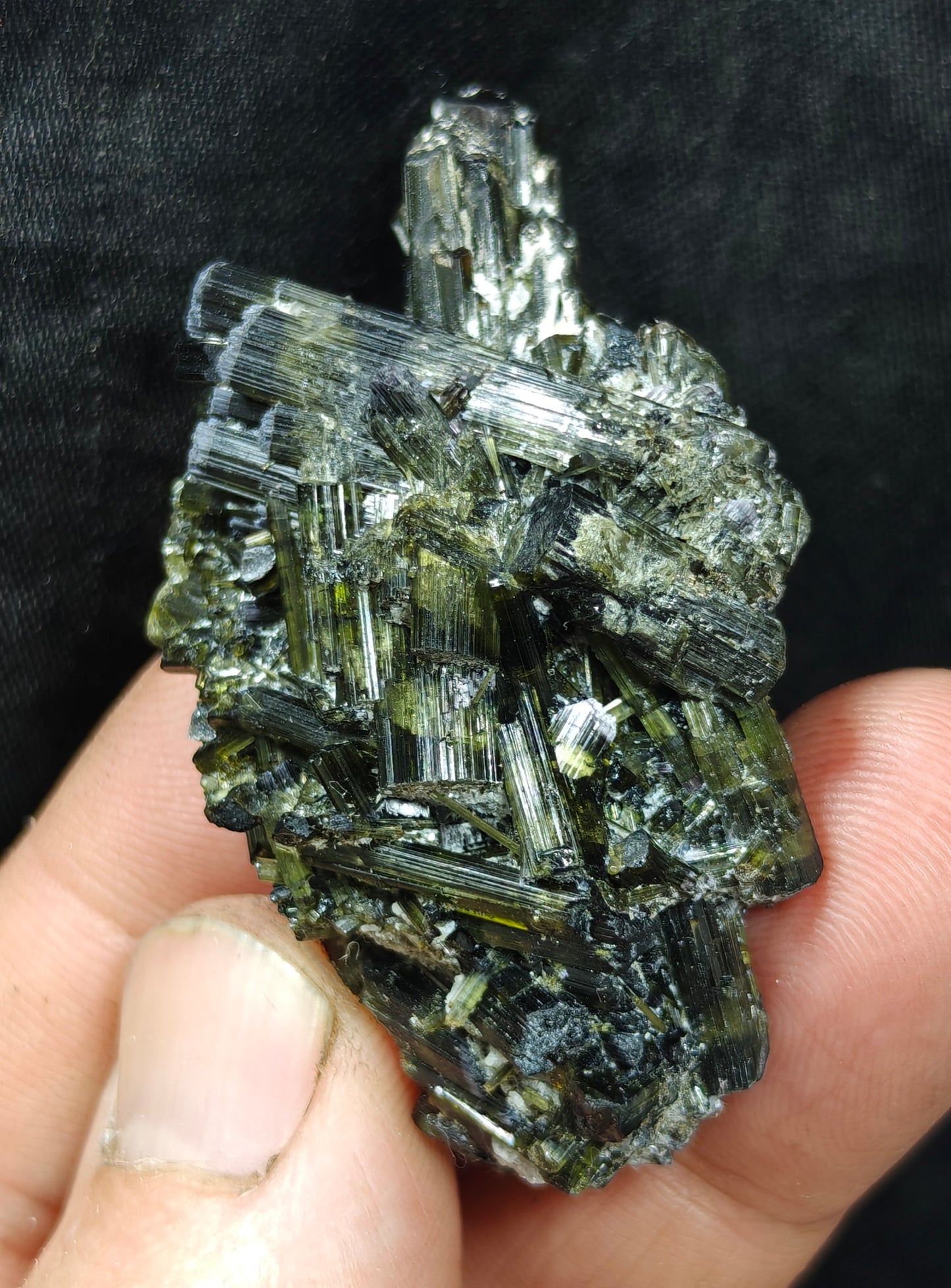 Dark green color Tourmaline crystals with chatoyance effect 35 grams