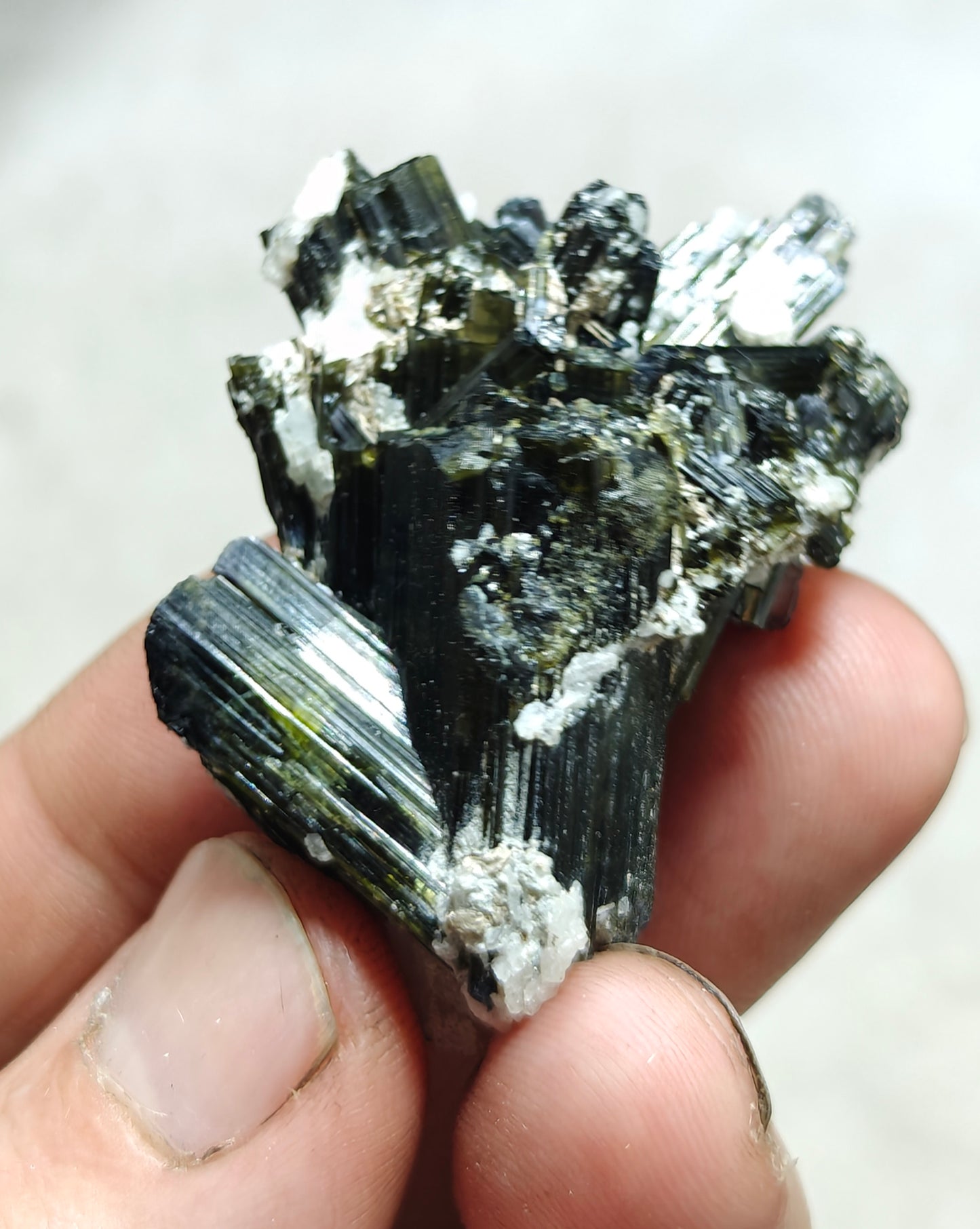 Dark green color Tourmaline crystals cluster with chatoyance effect 34 grams