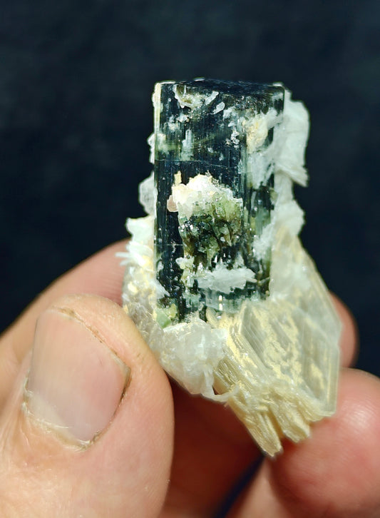 Natural dark green color Tourmaline crystal with associated cleavelandite, muscovite and a small quartz 24grams