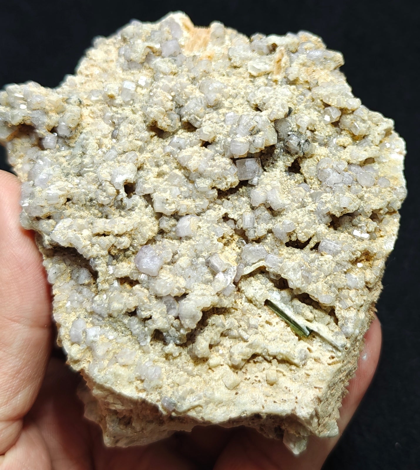 Purple Apatite crystals on matrix with a quartz and small Tourmaline crystal 280 grams