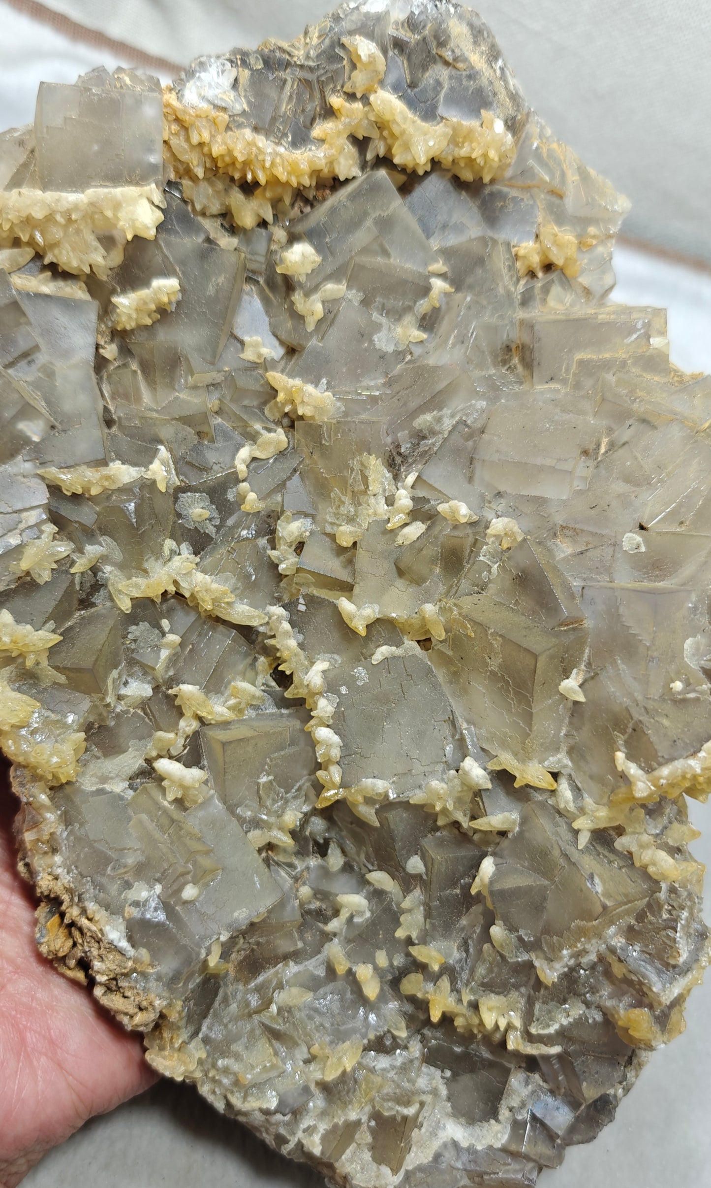 Beautiful Grey Color Fluorite plate with Dogteeth calcite crystals 1580 grams