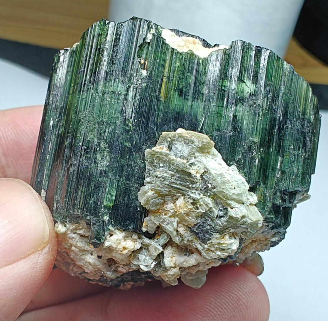 Natural Dark green color Tourmaline crystal having chatoyance effect amazing lustre 104 grams