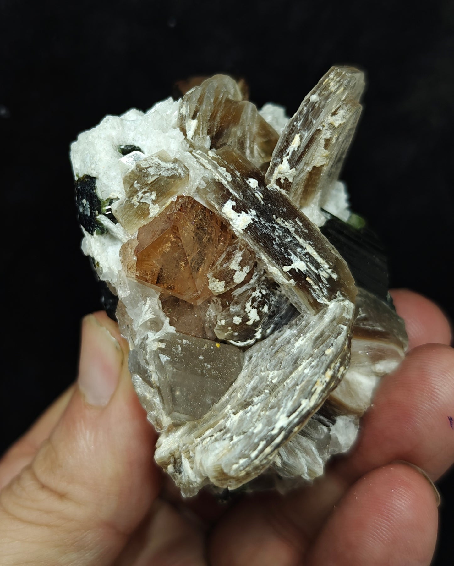 peach color Topaz crystals with quartz and tourmaline 210 grams