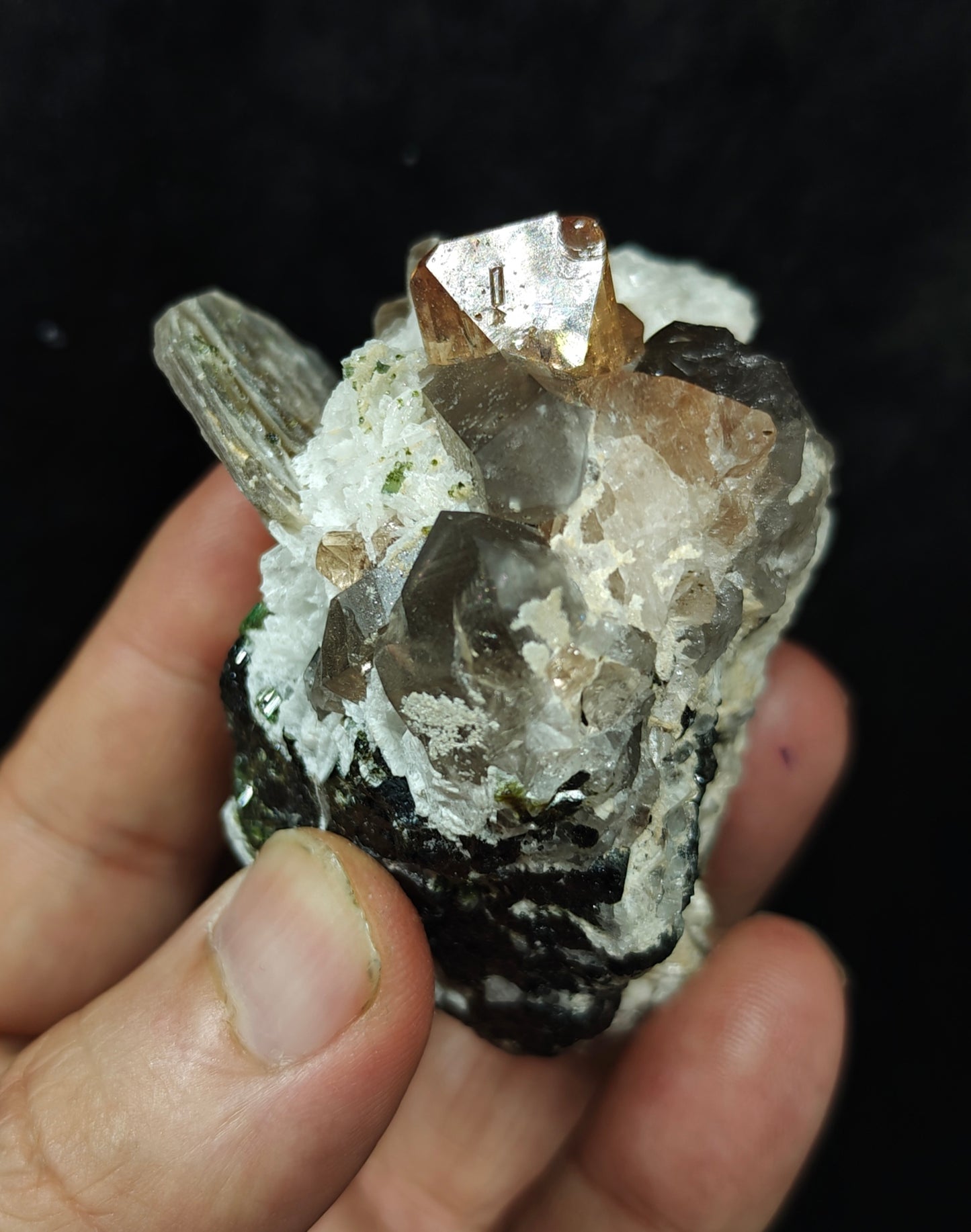 peach color Topaz crystals with quartz and tourmaline 210 grams