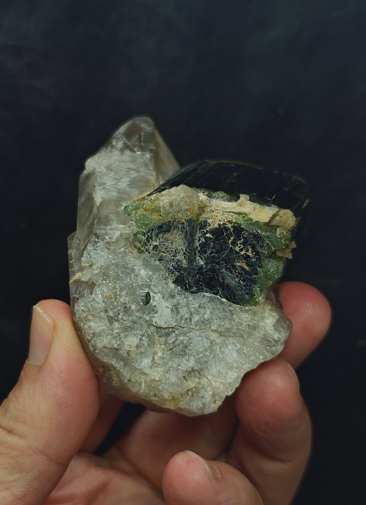 Natural greencap black/green Tourmaline crystal with smoky quartz 212 grams