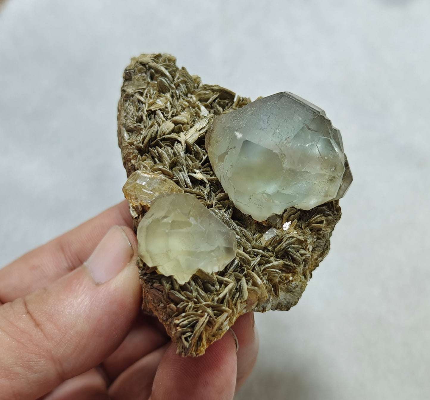 Double terminated Fluorite crystals on matrix with muscovite and goshenite 183 grams