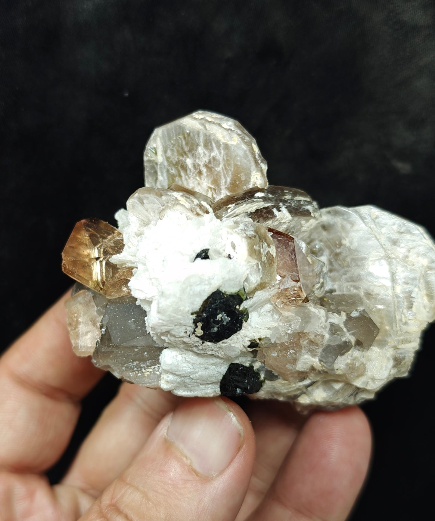 peach color Topaz crystals with quartz and tourmaline 210 grams